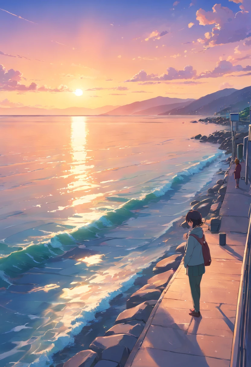 tmasterpiece、top-quality、exteriors、Mare The South Winters Background with clouds Evening Sunset Calm Sea illustration healing department
