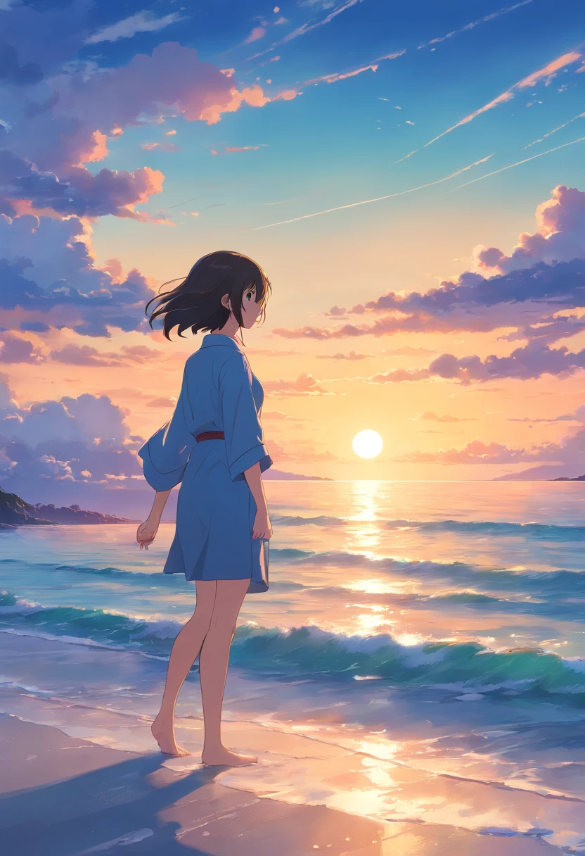 tmasterpiece、top-quality、exteriors、Mare The South Winters Background with clouds Evening Sunset Calm Sea illustration healing department