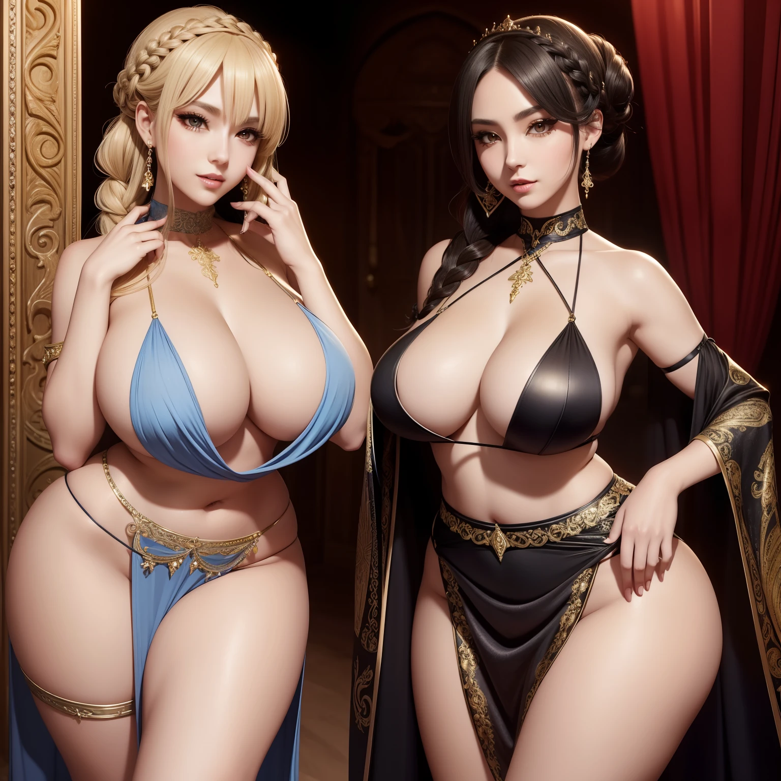 a Very very sexy exotic priestess, pervert, very cute smiling Vampire, huge Anime eyes, revealing outfit, skirt with a high slit, crop top, curvy, Slim form, large breasts, round ass, slim waist, Little mouth, very thick lips, almond-shaped eyes, braided hair, Gorgeous and sumptuous body, Beautiful and very symmetrical face, Very detailed and intricate environment, Very detailed and lewd clothing, Anime realism, glamour portrait, cleavage, tempting the viewer