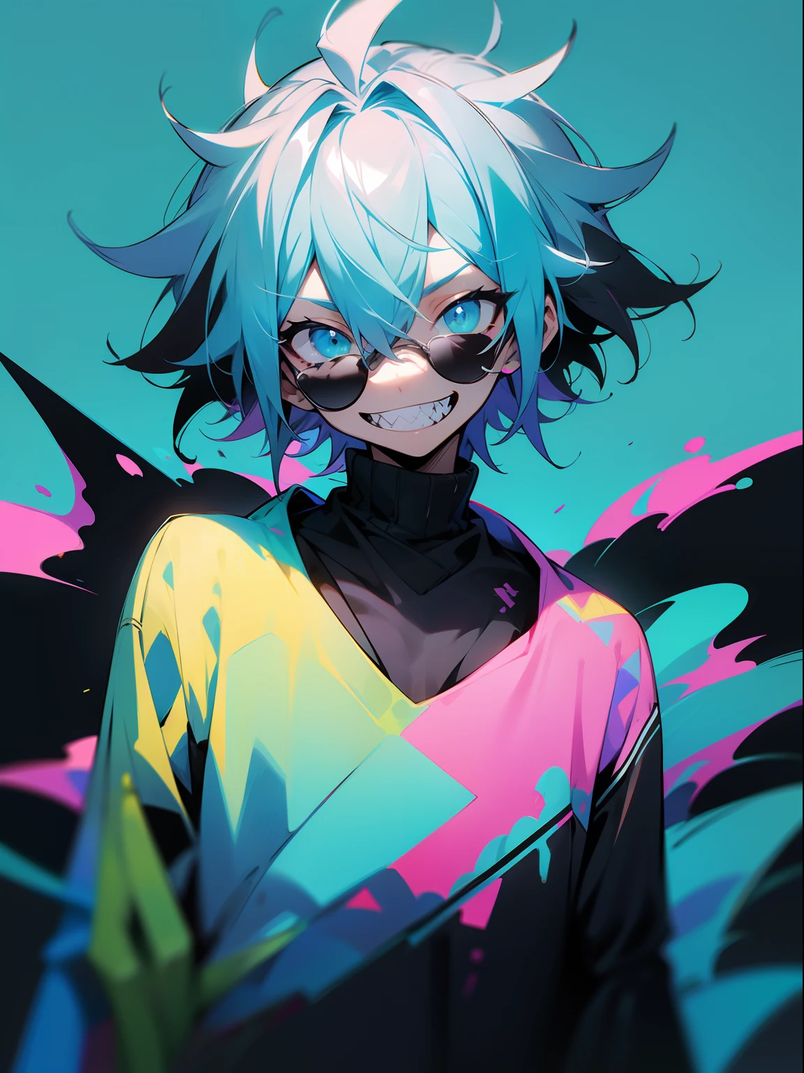 Pastel blue messy hair boy wearing a black sunglasses, 1boy, rizz smile face sharp teeth, cyan blue sweater Clothing, bright neon colors, head up shot