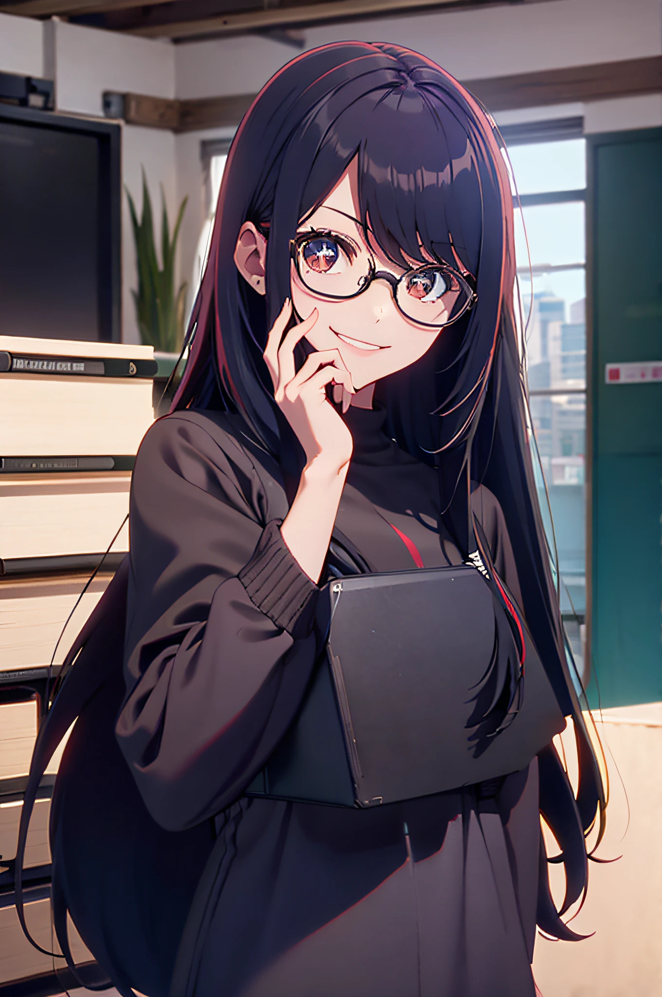 creative, Smiling girl with black and long hair, Brown eyes with glasses in a creative room