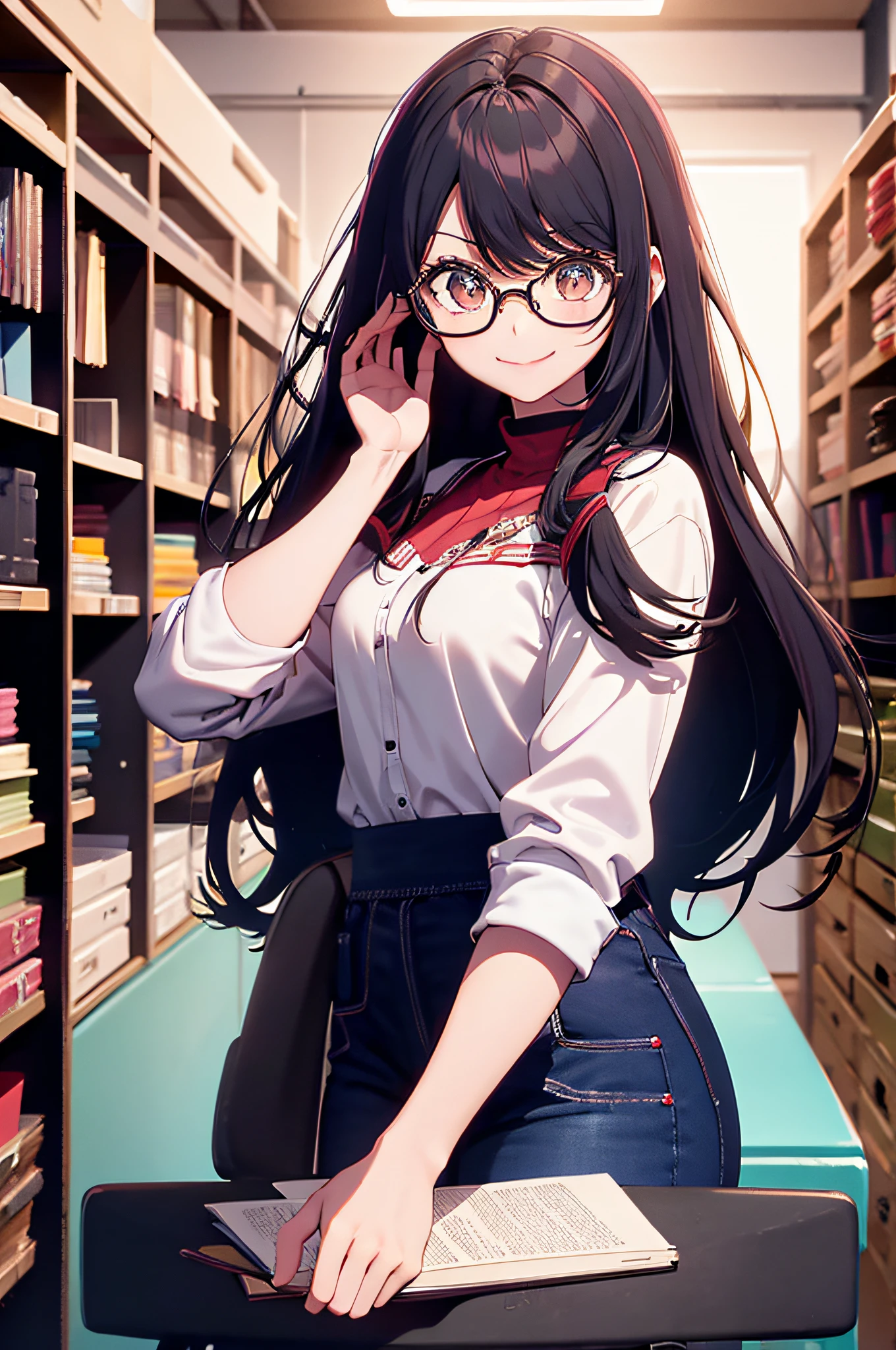 creative, Smiling girl with black and long hair, Brown eyes with glasses in a creative room