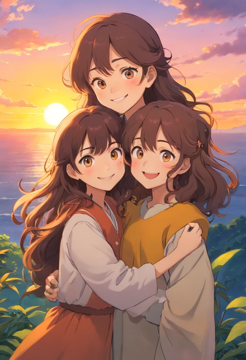 Mulher de cabelos longos cor de mel sem franja , ambar eyes , Smiling with her two daughters and brunette husband with beard curly hair on a sunset
