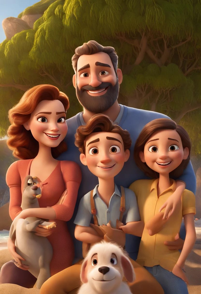 a Disney Pixar movie poster showing a white-skinned family. The father is the tallest, Tem barba curta. There is a man and a 7-year-old boy who are smiling for a picture, with a kid, pai com filho, imagem de qualidade muito baixa, Fotografia selfie 8k, he is! cerca de 3 0 anos de idade, ele tem 3 5 anos, both smiling for the camera, ele tem cerca de 3 0 anos de idade, ele tem cerca de 30 anos, cabrito, foto do snapchat. The background is a beach garden. 3D-rendering