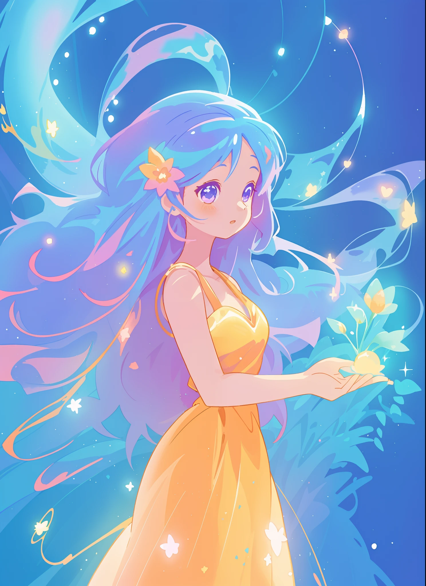 beautiful girl in gold orange ballgown, long sparkling liquid blue purple pink hair, colorful fantasia background, watercolor illustration, disney art style, glowing aura around her, glowing lights, beautiful digital illustration, fantasia otherworldly landscape plants flowers, beautiful, masterpiece, best quality, anime disney style