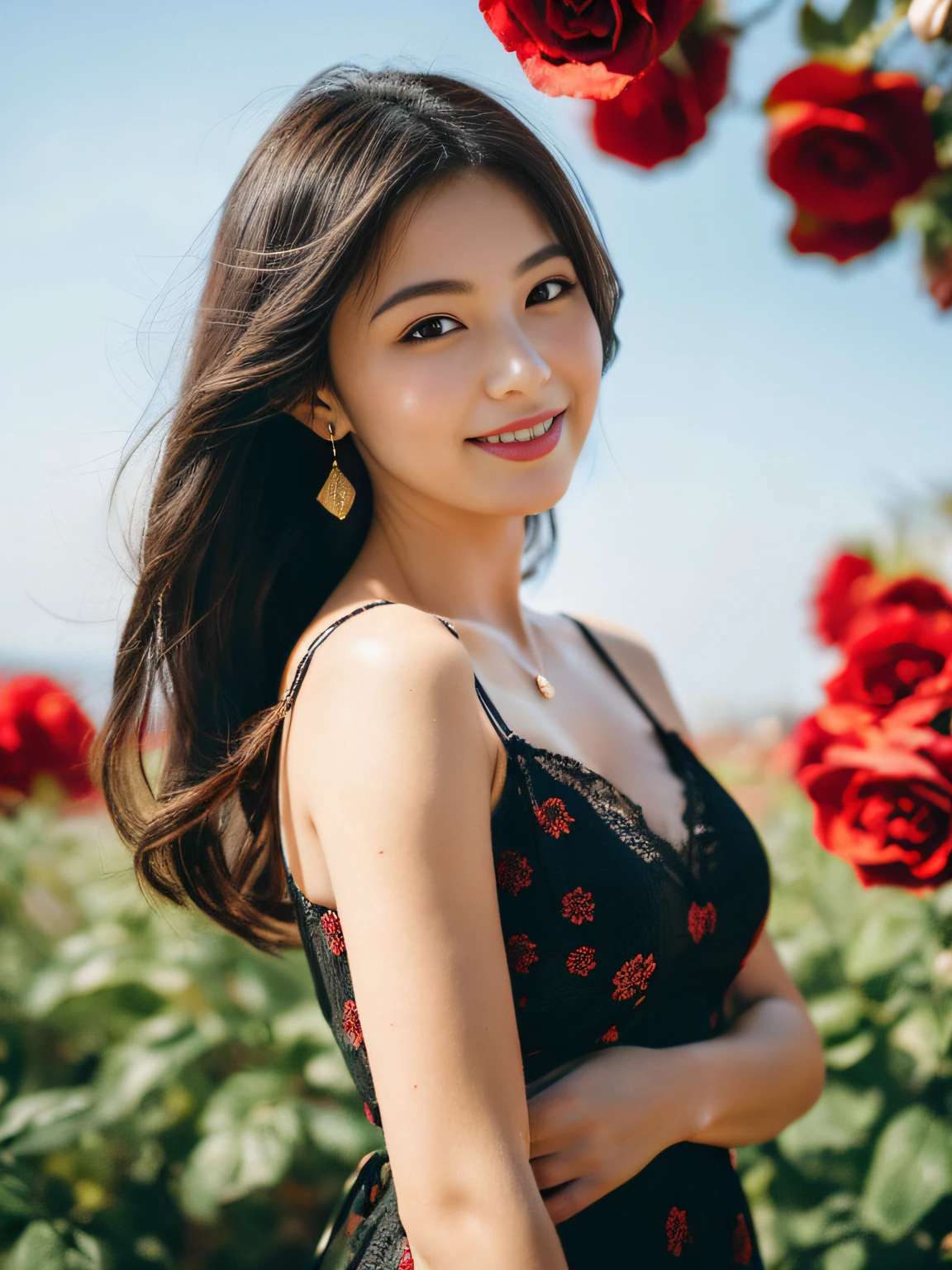 8K, Raw photo, Fuji Film, Style photo of beautiful 25 year old woman, Round face, Red and black lace stripes，wearing dresses, Golden earrings, Powerful features like a spinning pigeon, (highly detailedskin: 1.2), Medium brown hair with lights, Film grain, 35 mm, cute-style，Toned body and gentle smile，