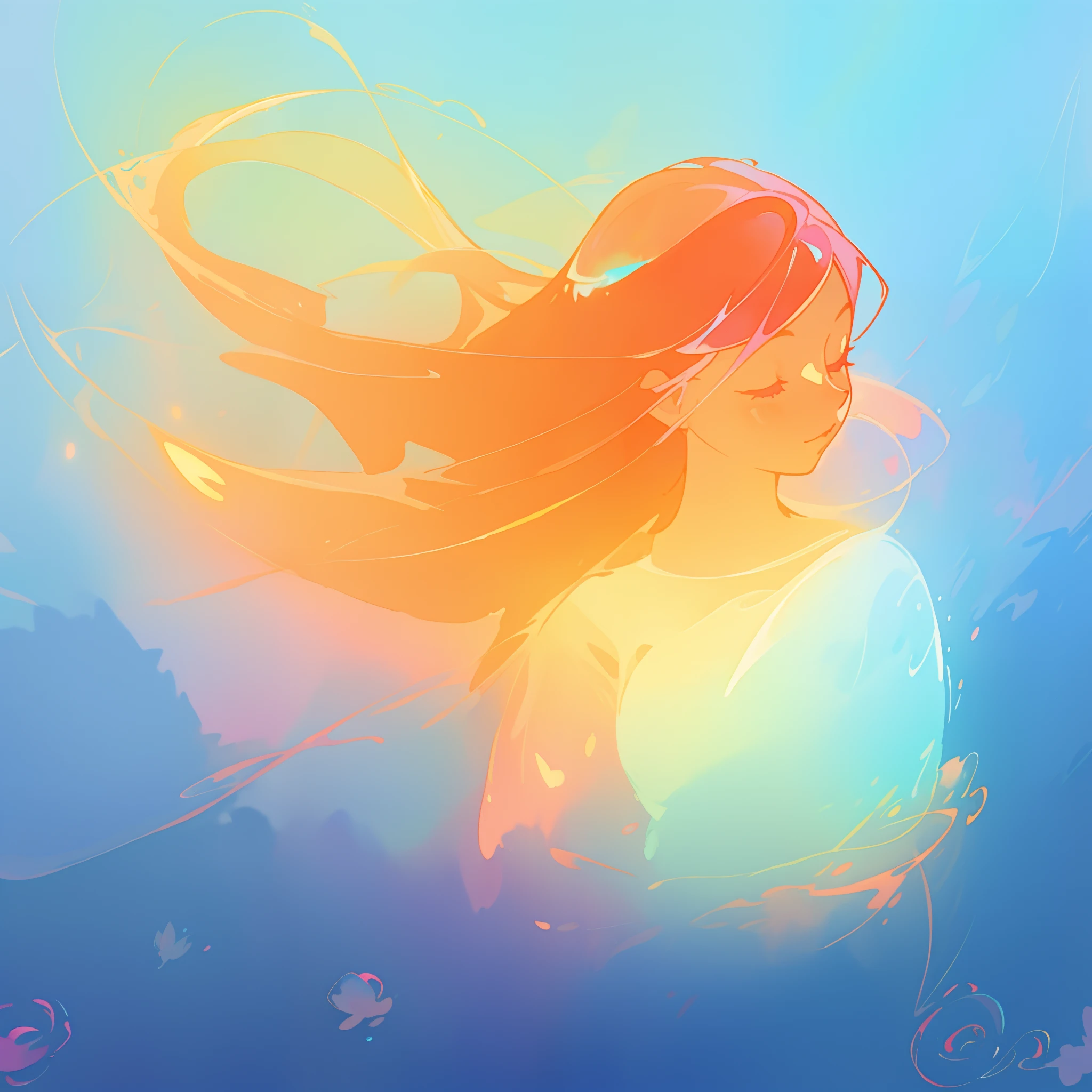 beautiful girl surrounded by blue liquid light, long flowing liquid red pink hair, colorful fantasia background, watercolor illustration, disney art style, glowing aura around her, glowing lights, beautiful digital illustration, fantasia otherworldly landscape plants flowers, beautiful, masterpiece, best quality, anime disney style