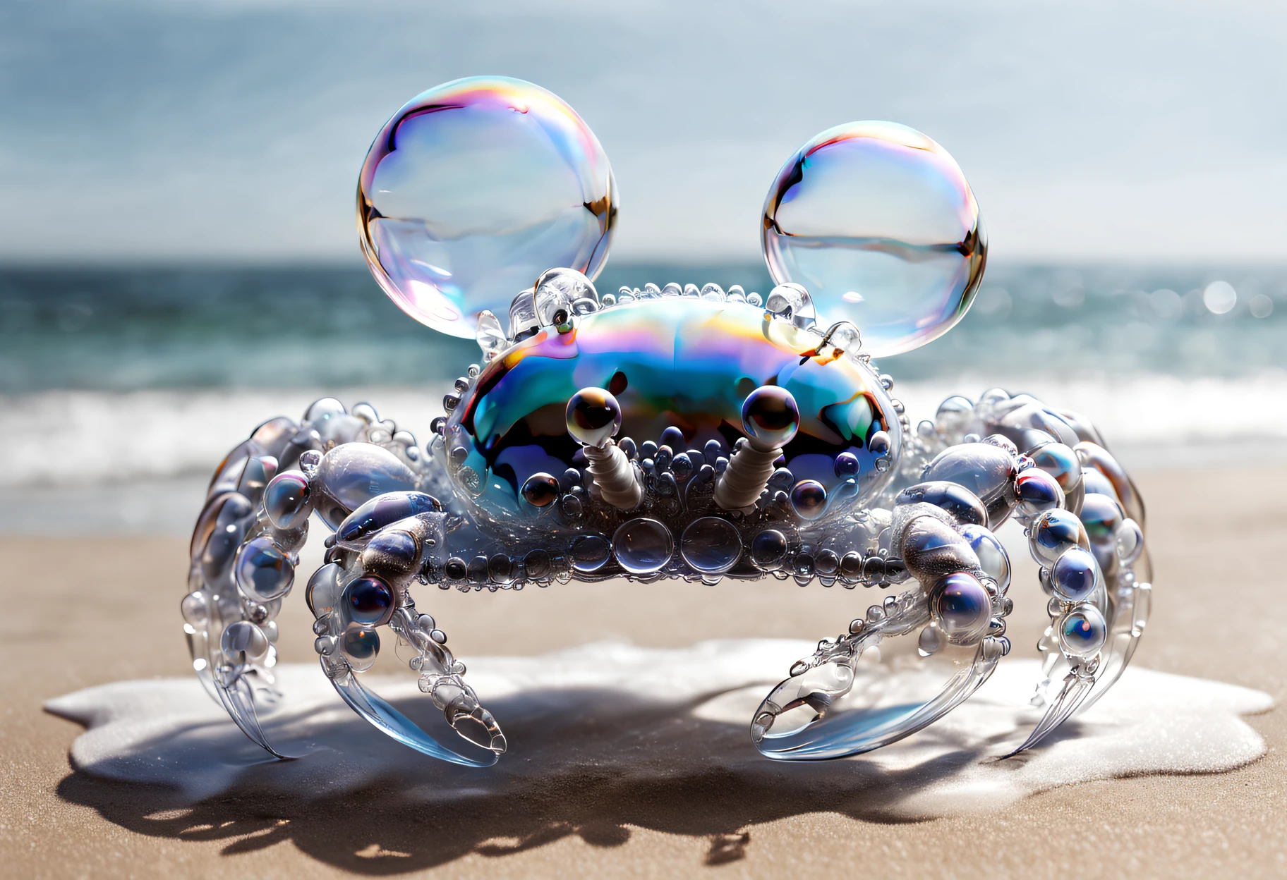 photorealistic fully transparent unusual crab completely made of soap bubbles, highly detailed, on the beach in front of the ocean, perfectly rendered