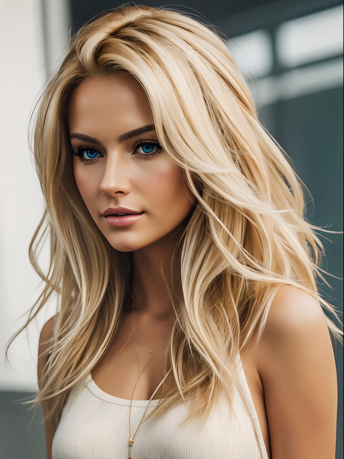 Photorealistic of a insanely beautiful woman with blonde windy messy hair, in the style of panasonic lumix s pro 50mm f/1.4, light beige and dark azure, celebrity images mashups, soft realism, barbiecore, unreal engine 5, 32k uhd, luminous quality, swiss realism, niji 5