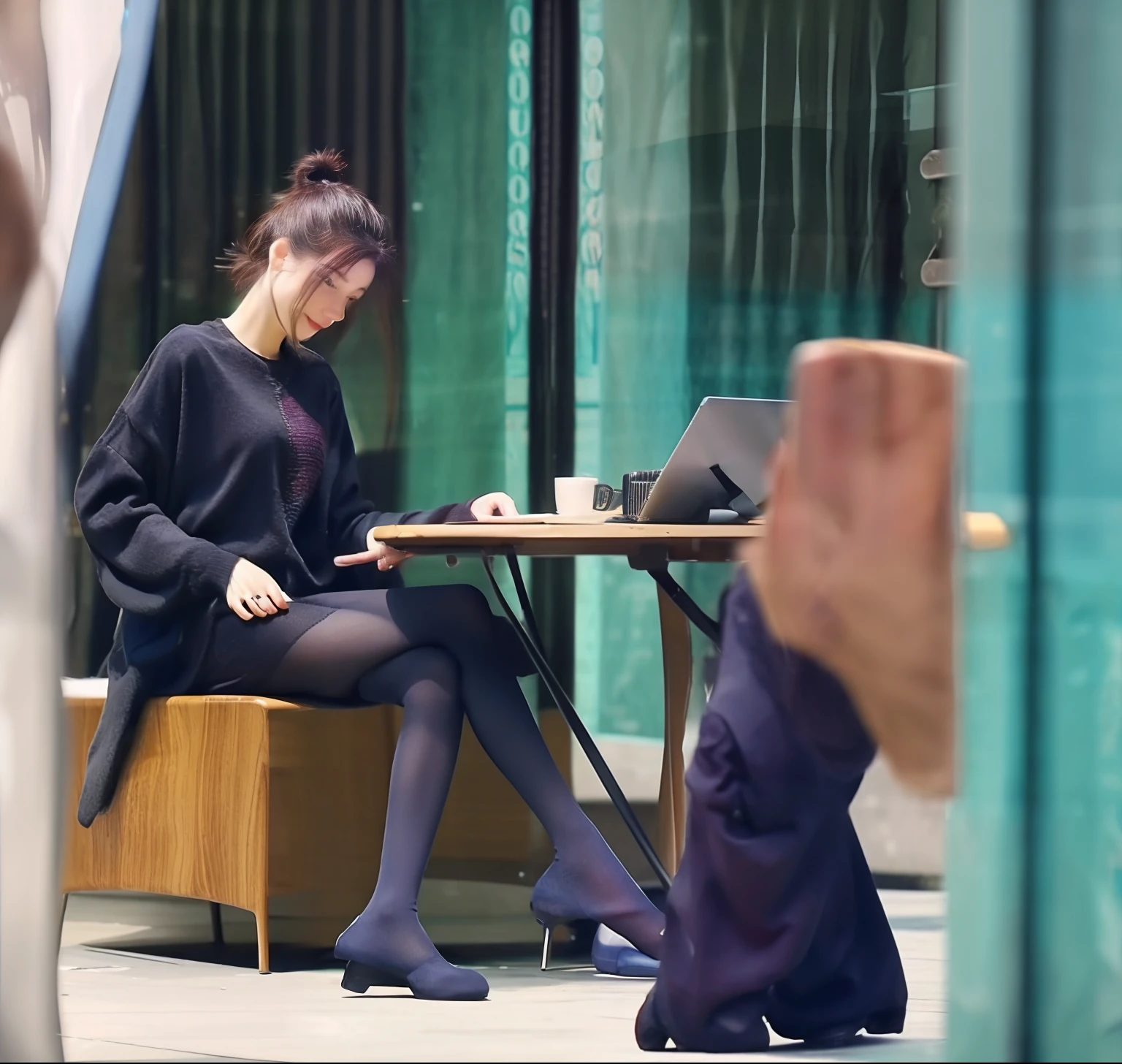 ((best qualtiy, 8k, tmasterpiece:1.3)), Focus:1.2, perfect figure beautiful woman:1.4, (Cut hair in layers, ), Long-sleeved tights:1.1,Highly detailed facial and skin texture, A detailed eye, 二重まぶた,Whiten skin,Hair
The woman sat at the table,Look down at your laptop