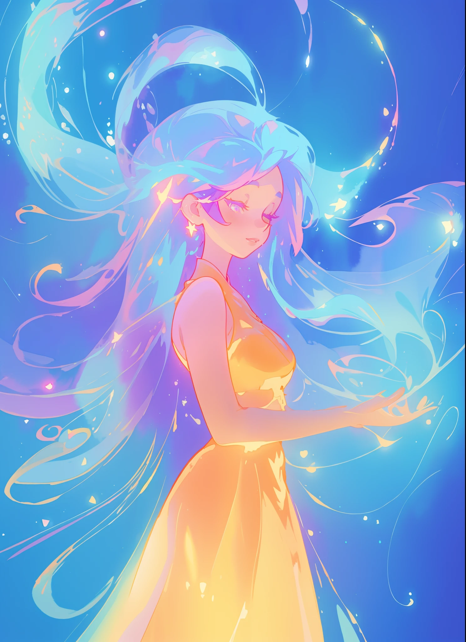 beautiful girl in gold orange ballgown, long sparkling liquid blue purple pink hair, colorful fantasia background, watercolor illustration, disney art style, glowing aura around her, glowing lights, beautiful digital illustration, fantasia otherworldly landscape plants flowers, beautiful, masterpiece, best quality, anime disney style