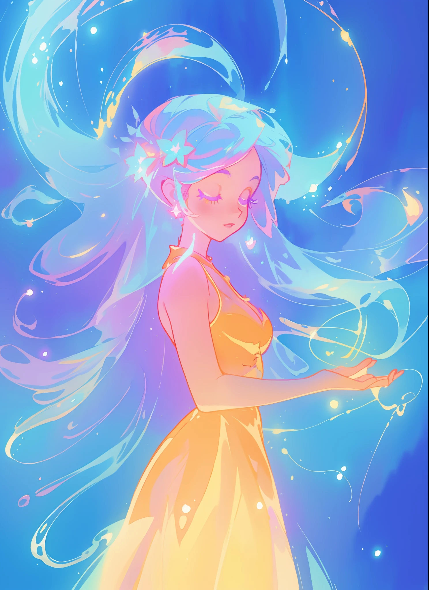 beautiful girl in gold orange ballgown, long sparkling liquid blue purple pink hair, colorful fantasia background, watercolor illustration, disney art style, glowing aura around her, glowing lights, beautiful digital illustration, fantasia otherworldly landscape plants flowers, beautiful, masterpiece, best quality, anime disney style