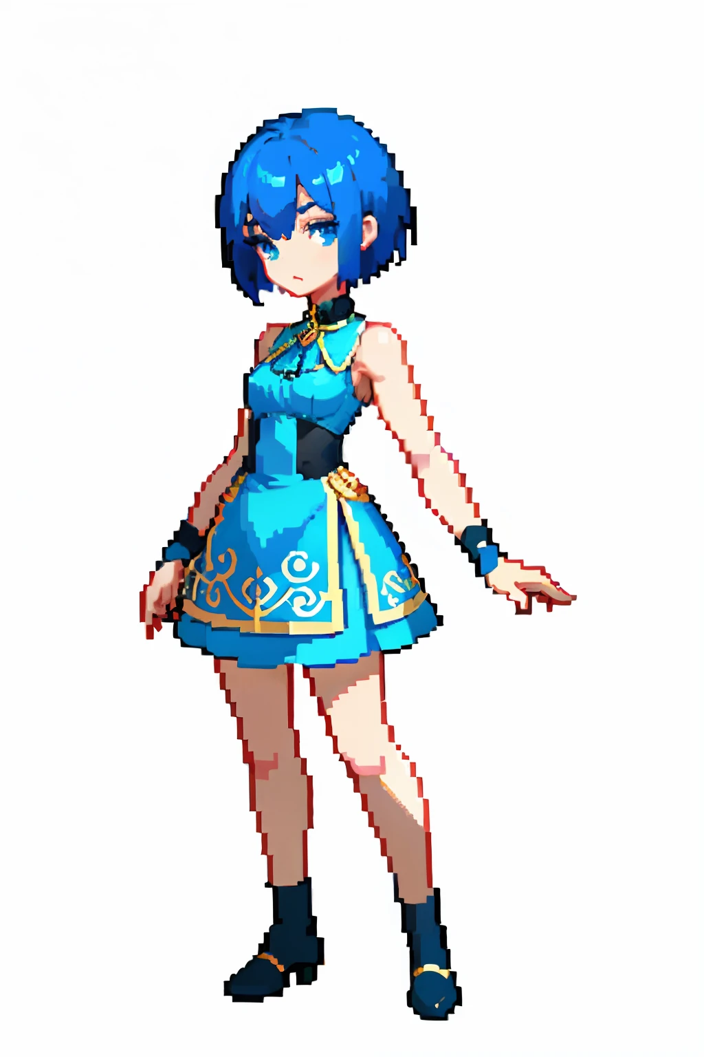 (masterpiece、top-quality、top-quality)、pixels、Pixel art、女の子1人、(full body Esbian)、(Full body portrait),blue hairs、shorth hair、short-cut、blue eyess