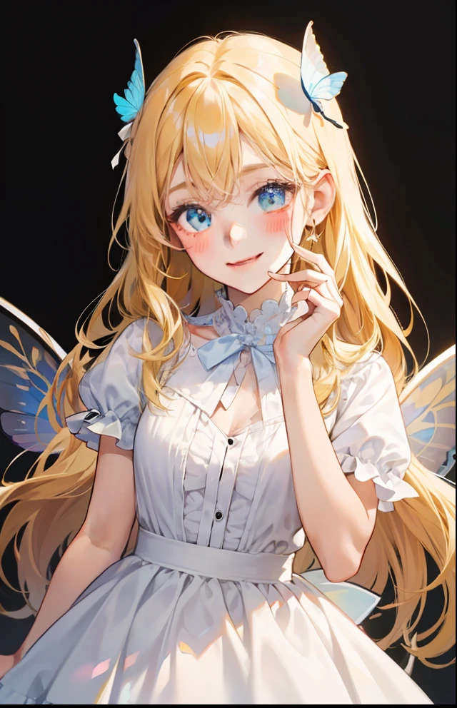 girl with、Background white、without background、Yellow head hair、a blond、The long-haired、with blush cheeks、White Dress、butterflys々、Butterfly wings grow、frilld、bow ribbon、Smiling、kawaii、without background