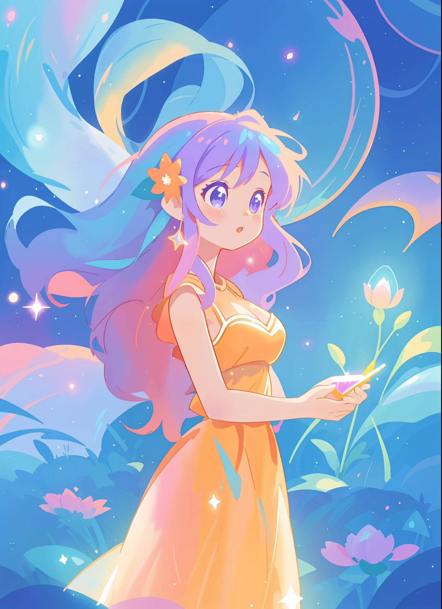 beautiful girl in gold orange ballgown, long sparkling liquid blue purple pink hair, colorful fantasia background, watercolor illustration, disney art style, glowing aura around her, glowing lights, beautiful digital illustration, fantasia otherworldly landscape plants flowers, beautiful, masterpiece, best quality, anime disney style