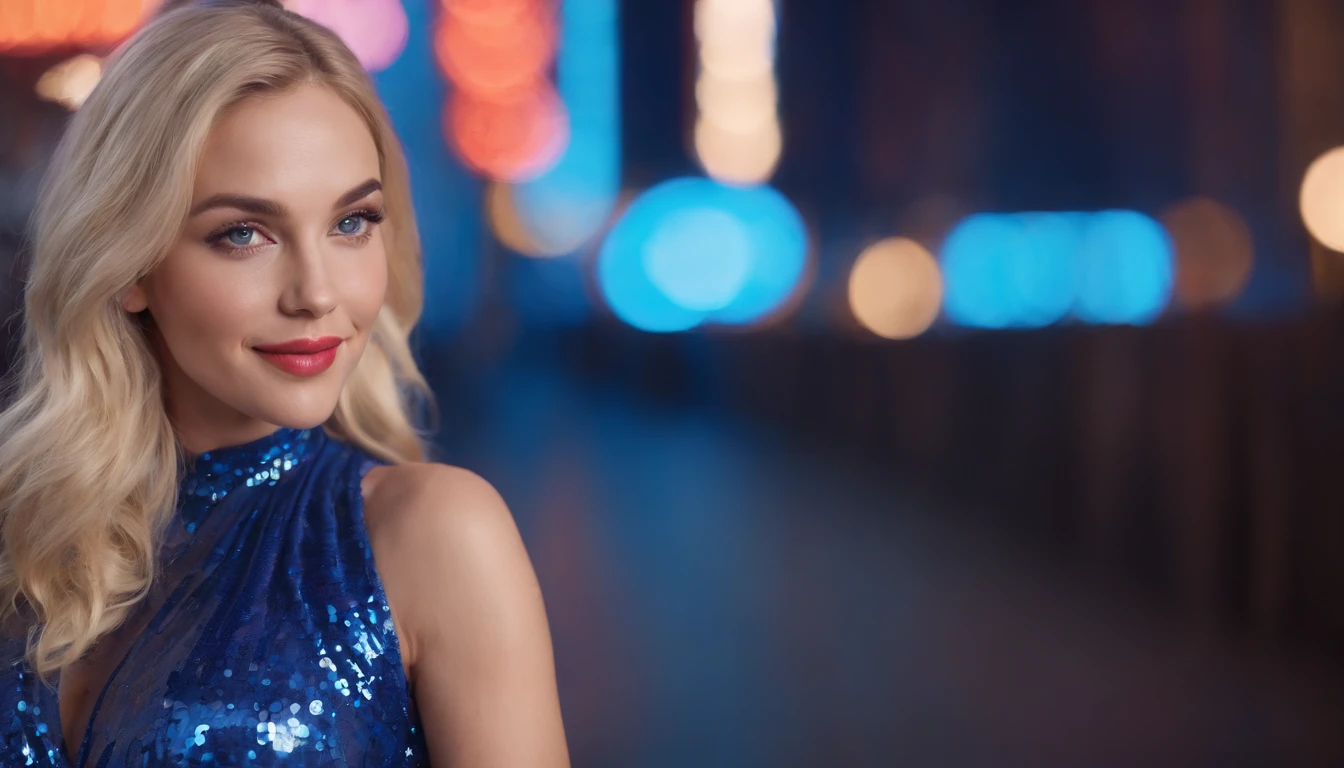 photo from the knees up A sexy woman in blue sequins sits with a cane on her cheek, smiling as she looks at me against the colorful neon lights of New York City The woman has beautiful blonde hair and clear blue-gray eyes、Double eyelids、Slightly open mouth、Fleshy lips、kindly smile、perfectly proportions、perfect hand、Have perfect feet 25years old, The entire composition is a woman on the right side of the screen,