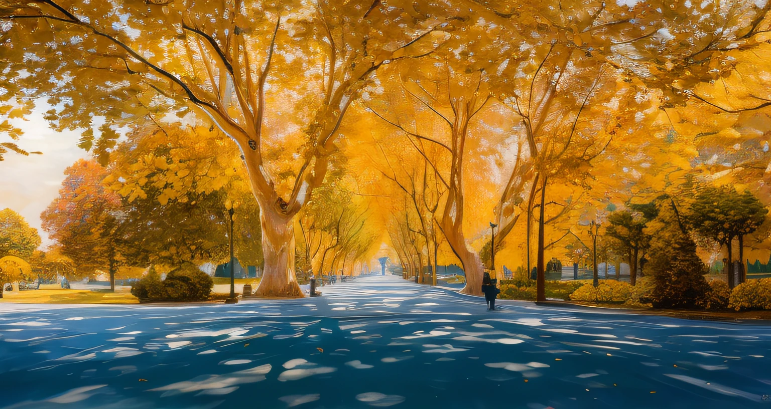 (Best quality,4K,A high resolution,Masterpiece:1.2),Ultra-detailed,Photorealistic,Autumn,tree-lined street,There are yellow leaves in the park, Vibrant autumn leaves, Beautiful and detailed trees, colorful autumn trees, sunny day in a park, Photography, Golden leaves, rich and vivid colors, Picturesque scenery, tranquil ambiance, Oil painting, Monet, Van Gogh, high definition 4k, impeccably detailed, clear silhouette, Uniform hue --auto