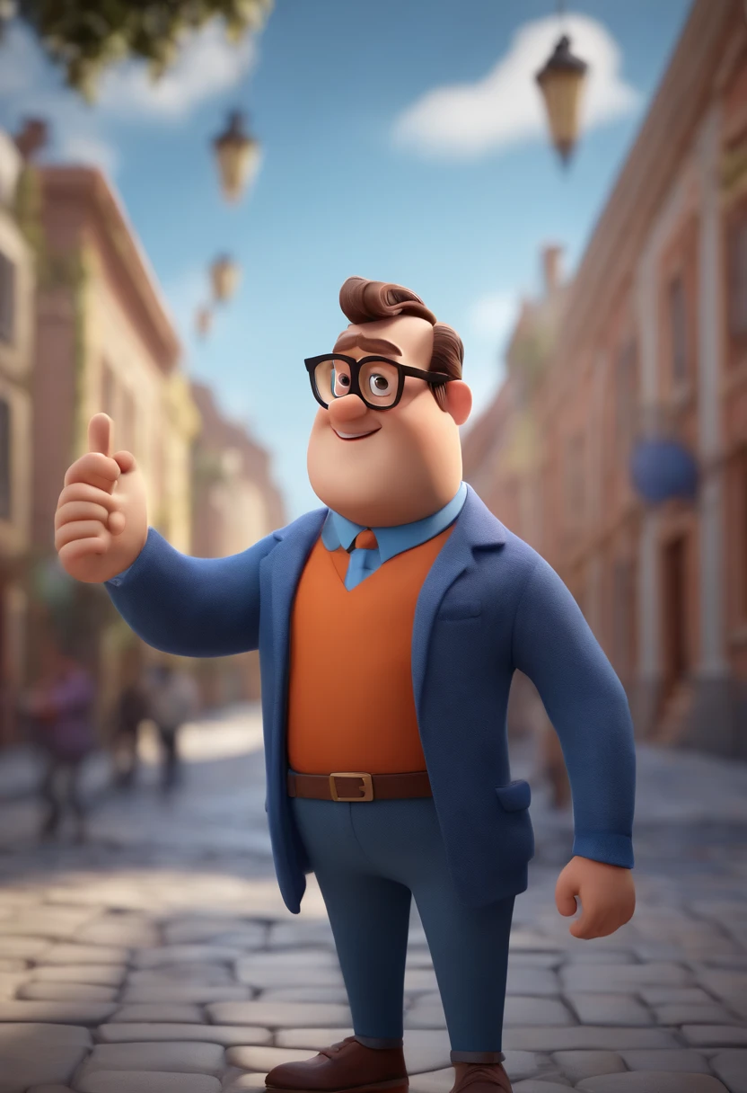 Cartoon character of a man wearing black glasses and a blue shirt, um personagem animado, Caractere estilizado, animation style rendering, 3D estilizado, Arnold Maya render, 3 d render stylized, toon render keyshot, Personagem 3D, Personagem 3D, 3d rendering stylized, 3 d character render, personagem de desenho animado, Personagem de close up, Pose de personagem, (Estilo Pixar) (master part:1.2) (Bokeh) (best quality) (pele detalhada) (textura detalhada) (8k) (argila) (Cinematic lighting) (foco nítido，Senta e vaza a parte superior do corpo