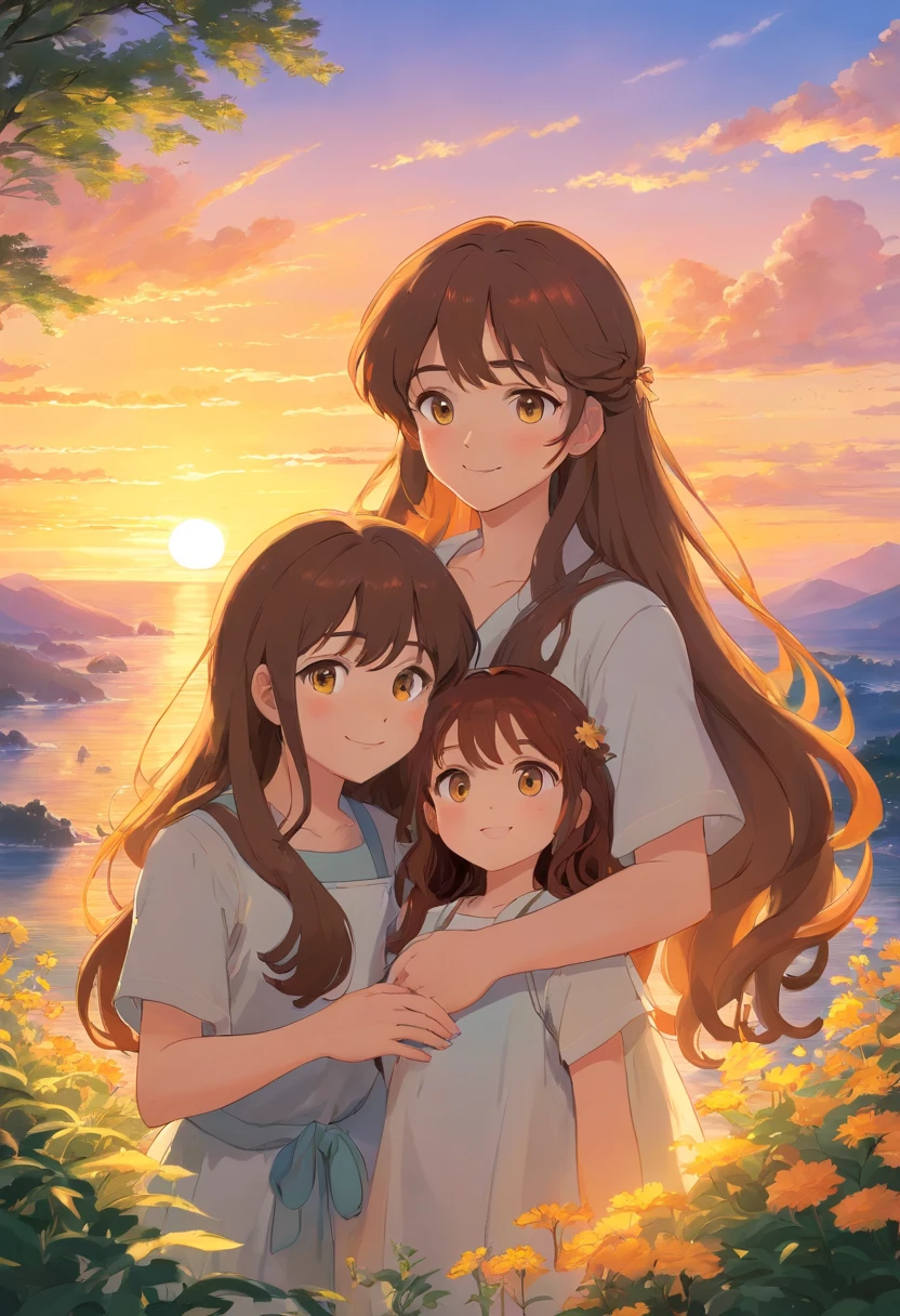 Woman with long hair of smooth honey amber eyes , Smiling with her two daughters and her husband is brunette with beard and curly hair all. Watching a sunset