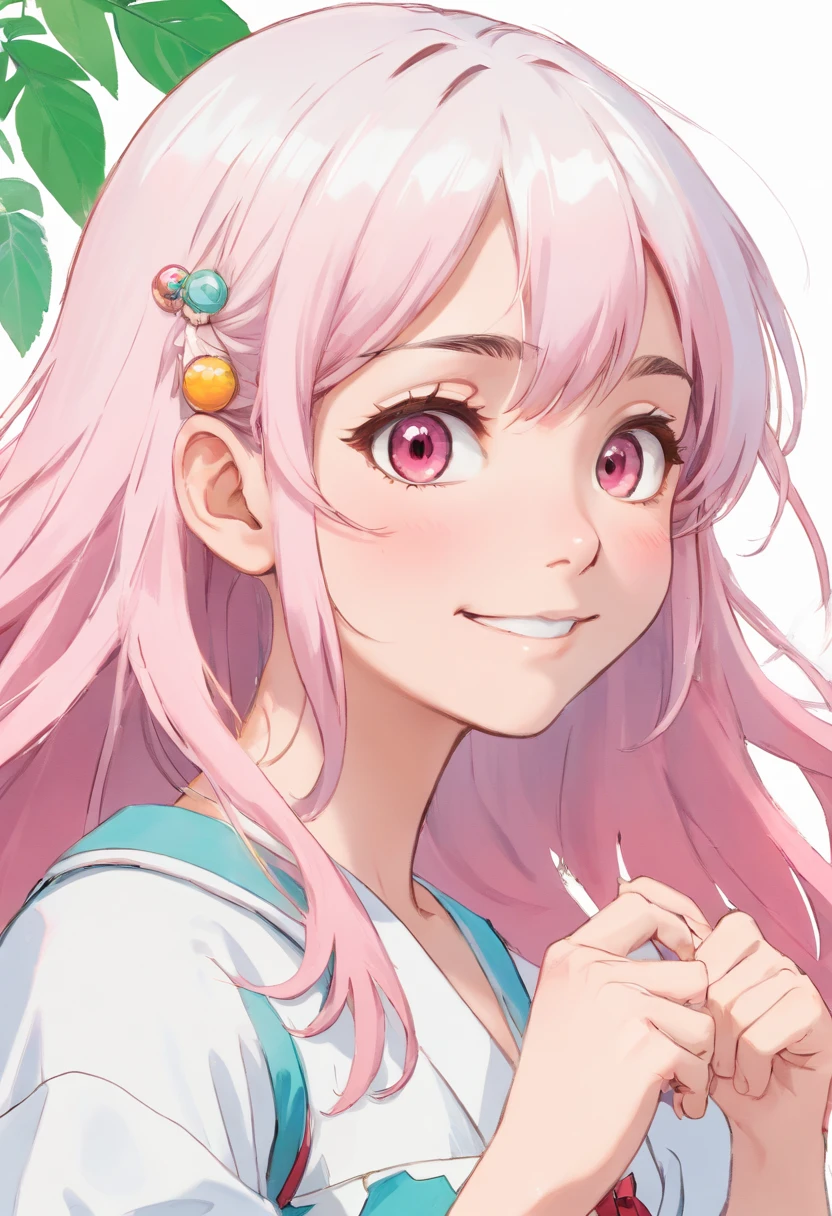 Anime girl with pink hair and blue dress holding a red bag - SeaArt AI