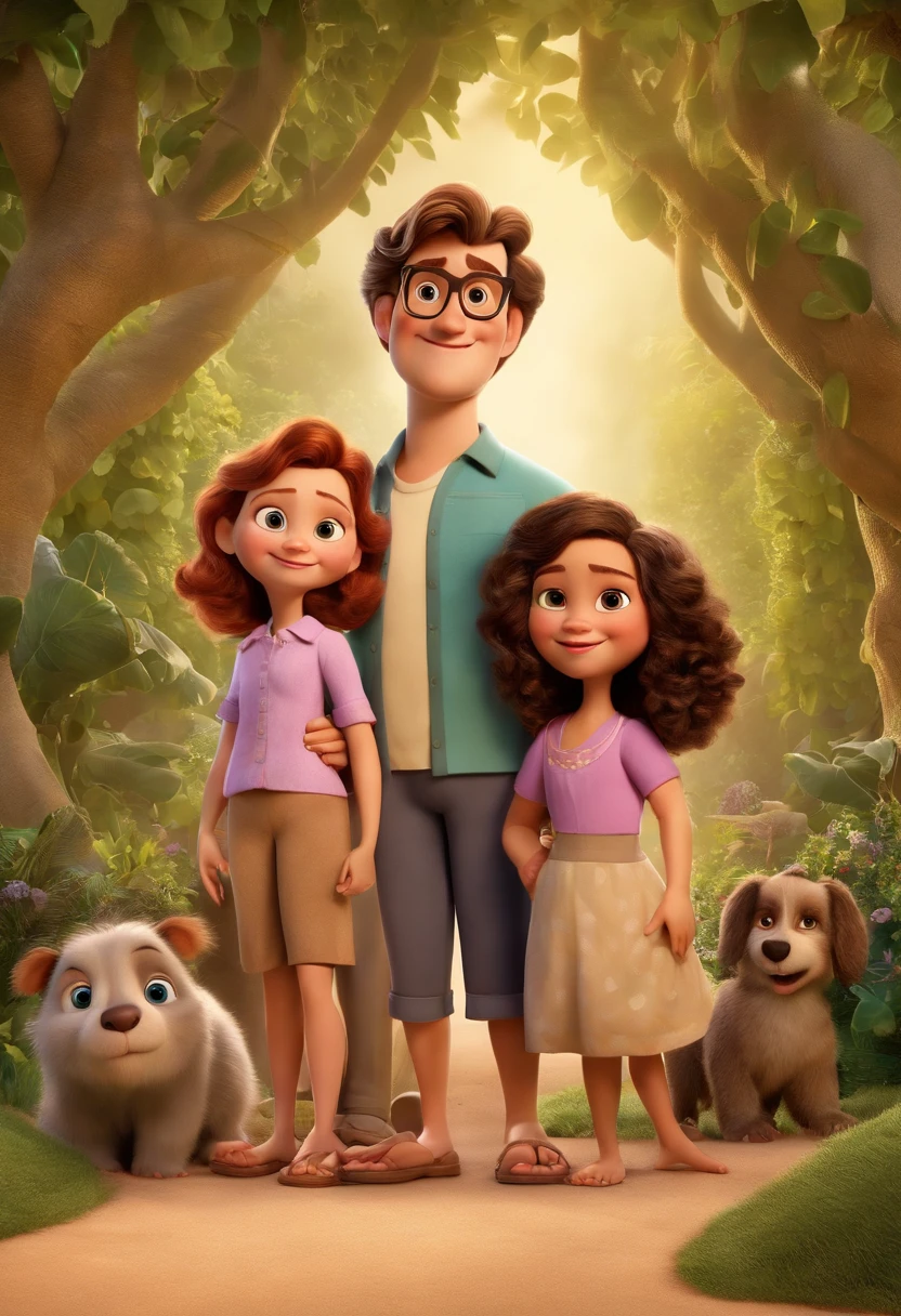 a Disney Pixar movie poster showing a white-skinned family. The father is the tallest, magro, Tem barba curta, castanha, cabelos curtos e espinhosos. Mom has brown eyes, cabelos ruivos escuros, na altura dos ombros, wears glasses, tem uma mancha embaixo do olho, are overweight. A menina tem 4 anos e cabelos castanhos claros cacheados, vestido rosa. The background is a beach garden. 3D-rendering