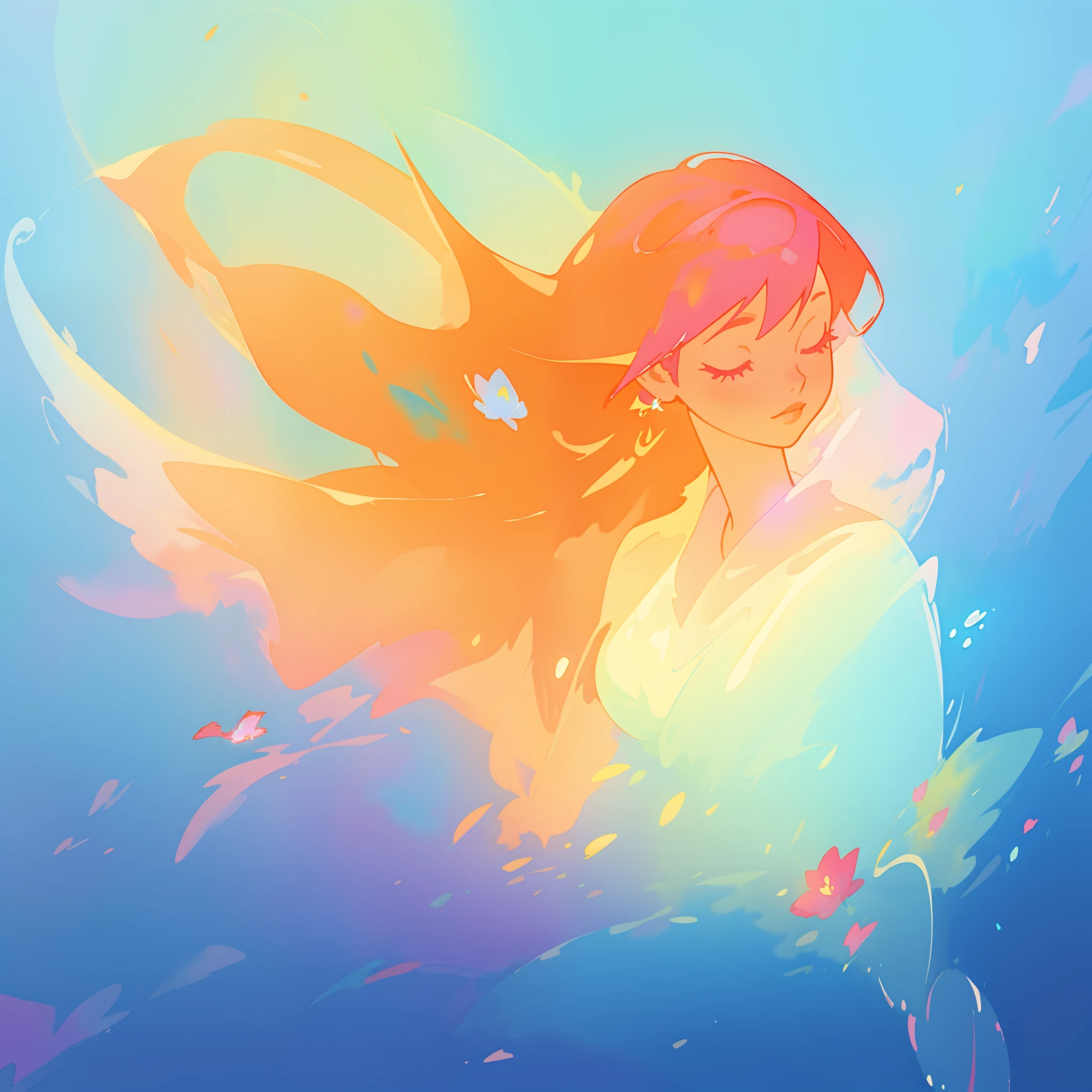 beautiful girl surrounded by blue liquid light, long flowing liquid red pink hair, colorful fantasia background, watercolor illustration, disney art style, glowing aura around her, glowing lights, beautiful digital illustration, fantasia otherworldly landscape plants flowers, beautiful, masterpiece, best quality, anime disney style