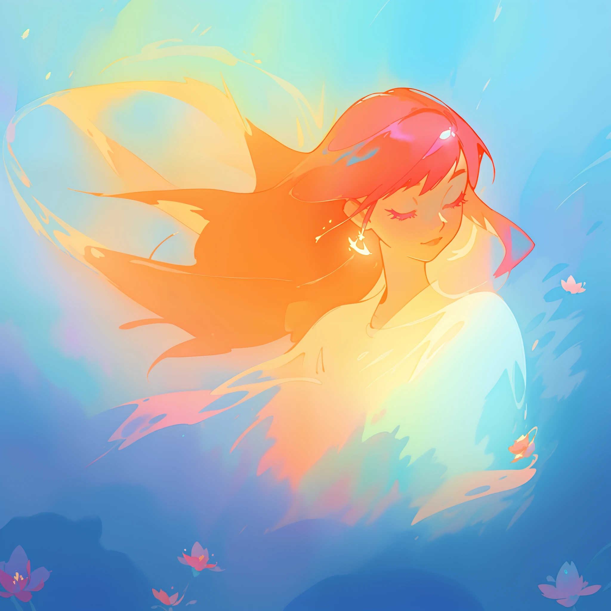 beautiful girl surrounded by blue liquid light, long flowing liquid red pink hair, colorful fantasia background, watercolor illustration, disney art style, glowing aura around her, glowing lights, beautiful digital illustration, fantasia otherworldly landscape plants flowers, beautiful, masterpiece, best quality, anime disney style