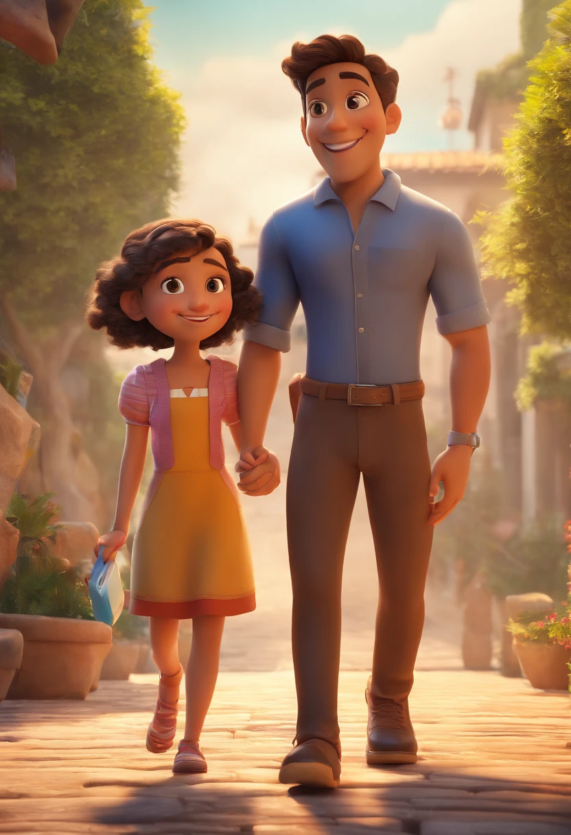 An illustration of an adorable couple, Featuring a 33-year-old man and a 12-year-old child, Expressive eyes – the man's skin is brown and the man's hair is black, while the child's skin is white and the hair is dark blonde. They are a bright room, cada um com um sorriso no rosto, e compartilhar um momento especial caracterizado pelo amor. Illustrate this scene from a perspective where they are facing away from the camera, Showing Your Connection. Desenvolva esta arte em Full HD, Focus on your cinematic touch, Estilo Disney Pixar Animations