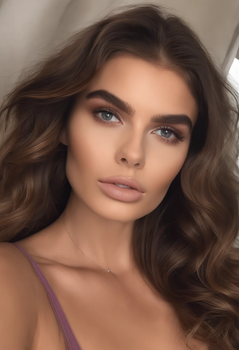 Femme arafed , Kukami garde les cheveux , fille sexy aux yeux bruns, Portrait de Kaia Gerber , cheveux bruns et grands yeux, Selfie d’une jeune femme, Yeux de chambre, Violet Myers, pas de maquillage, maquillage naturel, Regarder directement la caméra, Visage avec Artgram, maquillage fin, Superbe plan complet, dans la chambre, décolleté, bien en chair, grosses cuisses , gros seins, magnifique femme