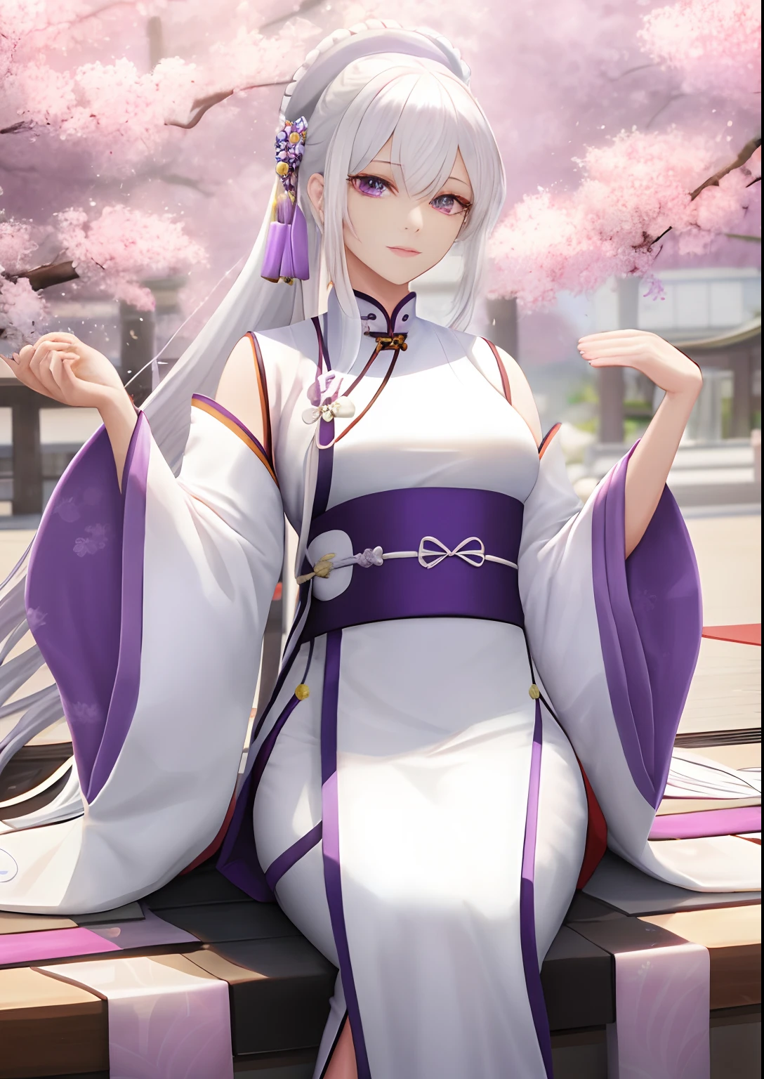 A woman,White hair,Wear purple Hanfu,Wear long white gloves,