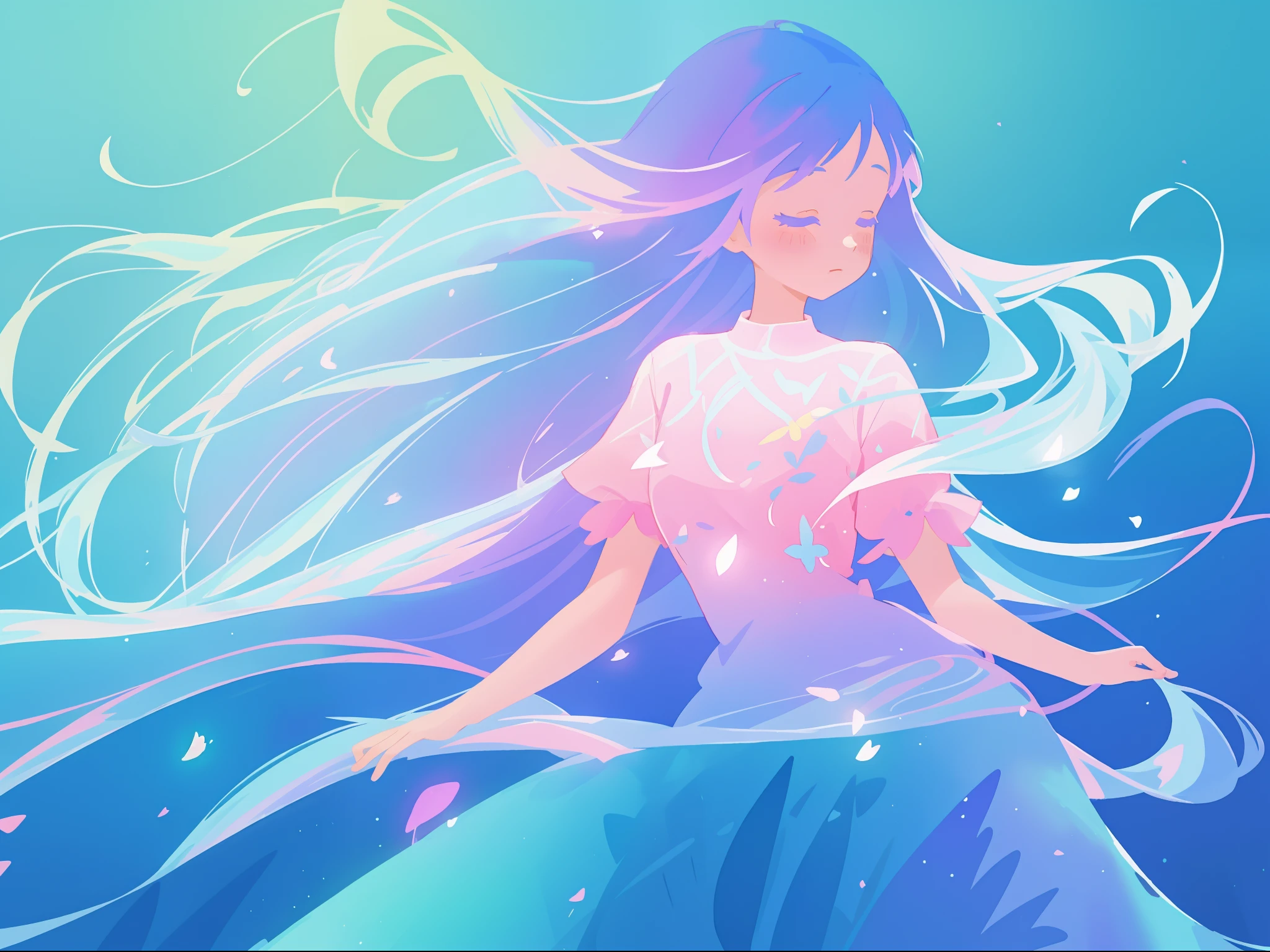 beautiful girl in colorful gradient flowing dress, long flowing blue purple pink white hair, colorful fantasia background, watercolor illustration, disney art style, glowing aura around her, glowing lights, beautiful digital illustration, fantasia otherworldly landscape plants flowers, beautiful, masterpiece, best quality, anime disney style