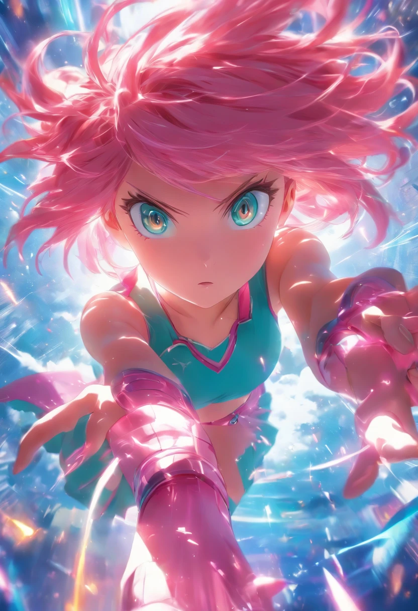 foreshortening,  depth of fields, Master parts, Best quality, 1girll, Pink hair, teal eyes,  medium hair, floatking,Pink rays, soio, looki at viewer,pinkdress, flight,  Dim sunlight,