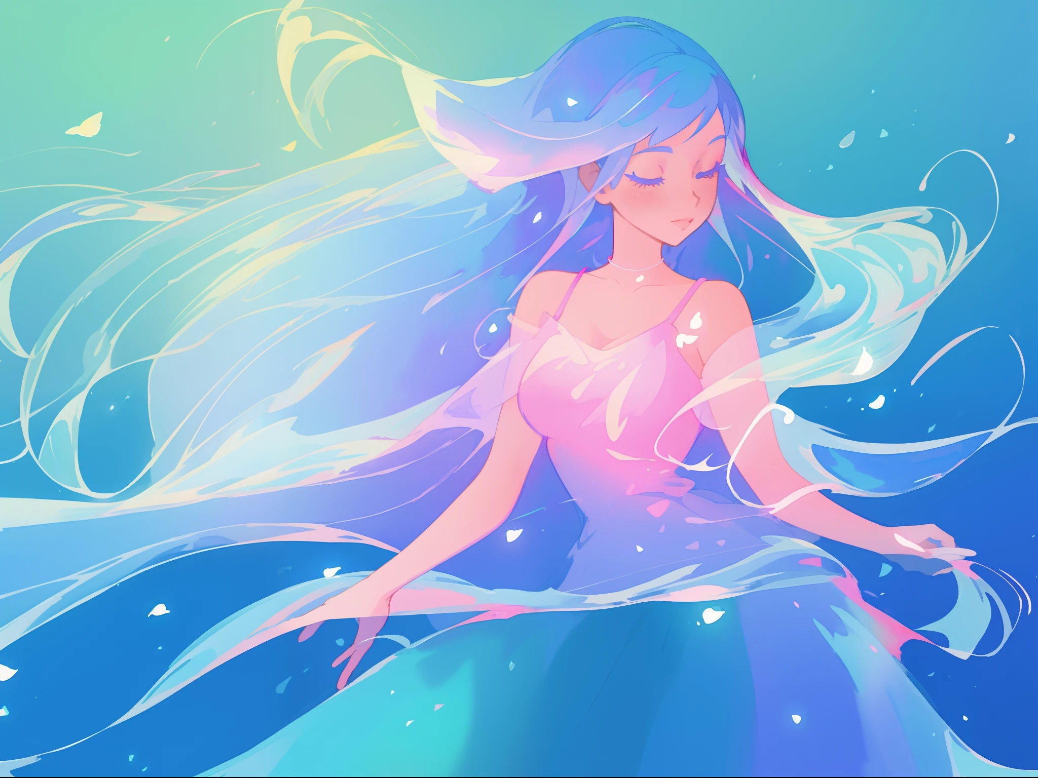 beautiful girl in colorful gradient flowing dress, long flowing blue purple pink white hair, colorful fantasia background, watercolor illustration, disney art style, glowing aura around her, glowing lights, beautiful digital illustration, fantasia otherworldly landscape plants flowers, beautiful, masterpiece, best quality, anime disney style
