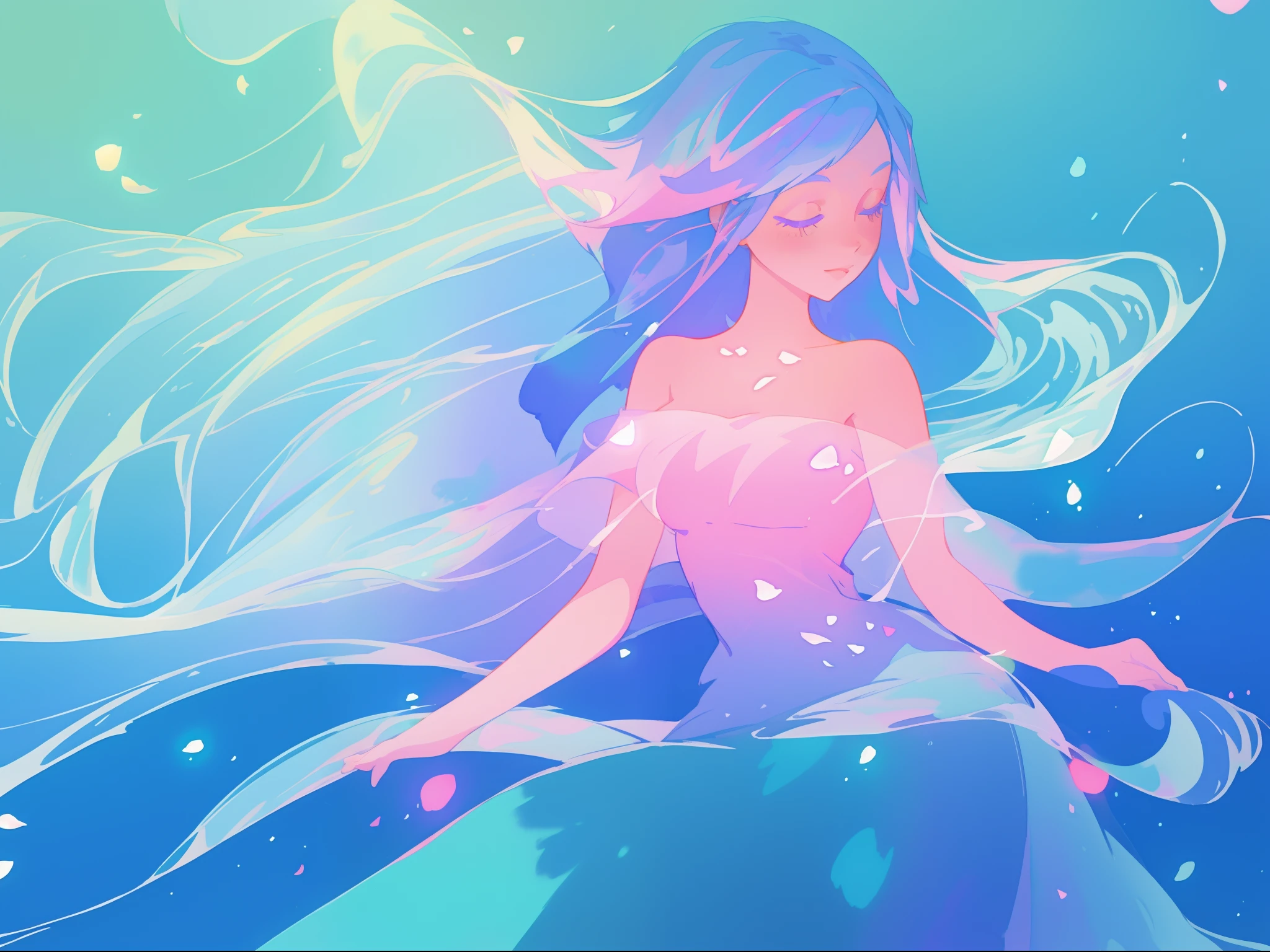 beautiful girl in colorful gradient flowing dress, long flowing blue purple pink white hair, colorful fantasia background, watercolor illustration, disney art style, glowing aura around her, glowing lights, beautiful digital illustration, fantasia otherworldly landscape plants flowers, beautiful, masterpiece, best quality, anime disney style