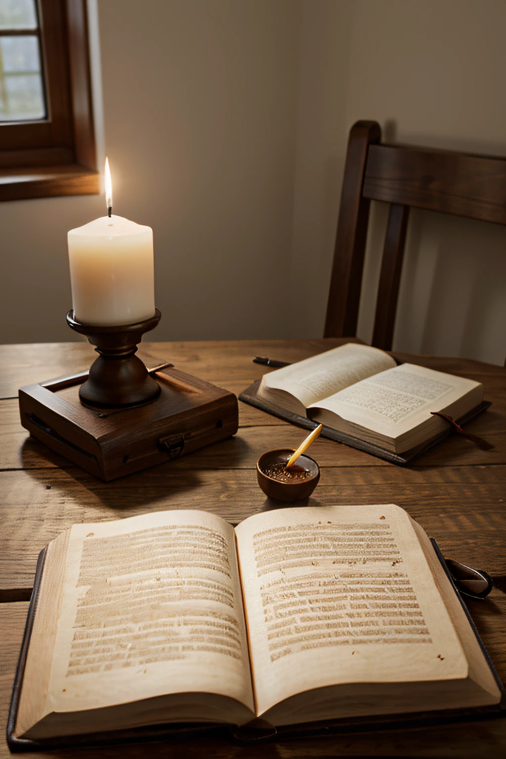 serene scene with a wooden tabletop containing a bible, a journal and pen and a candle