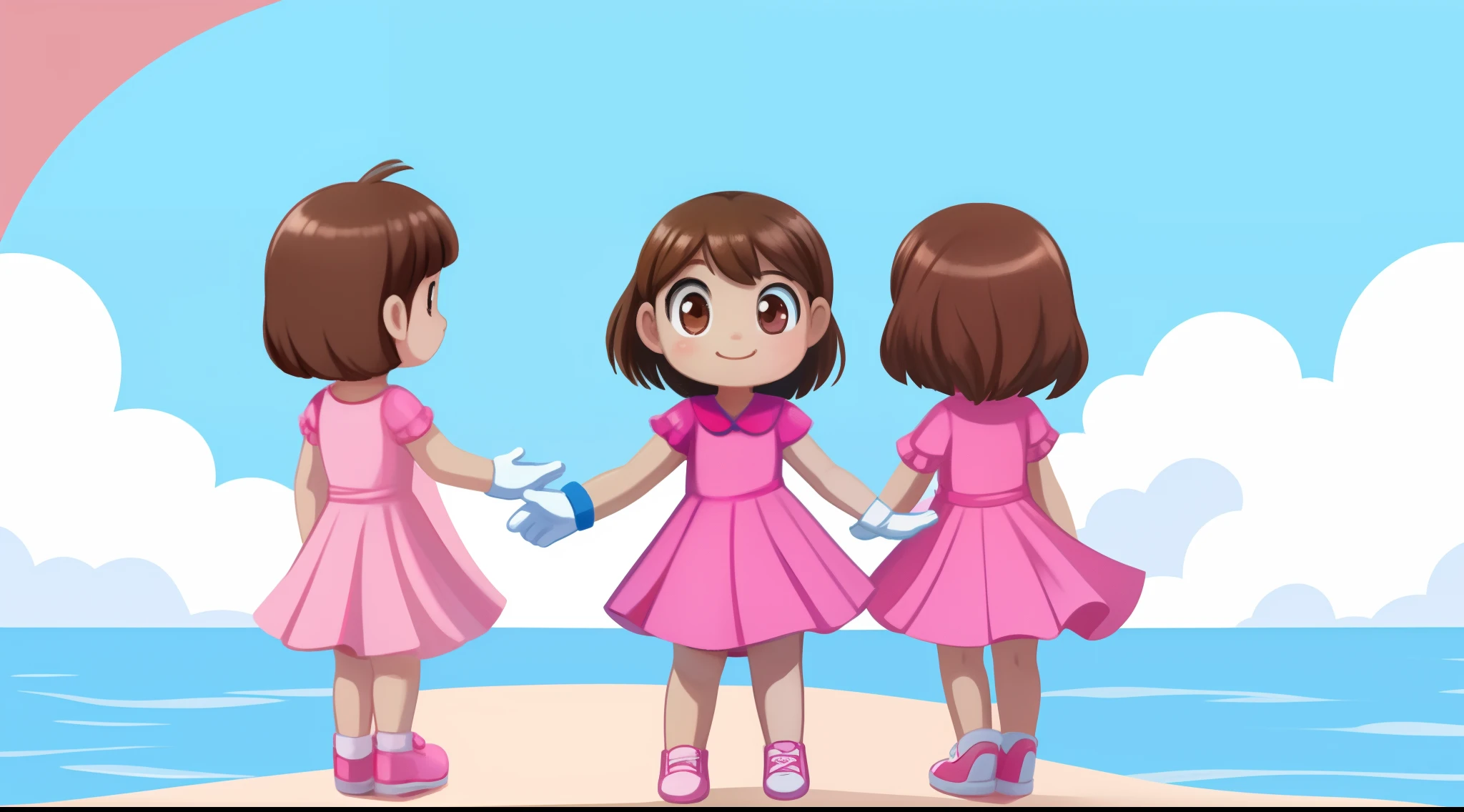 a 5  girl with her back looking at an island on the horizon, standing, with brown hair, arms apart, legs apart, pink dress, white gloves, pink shoes, 2D children's illustration style.