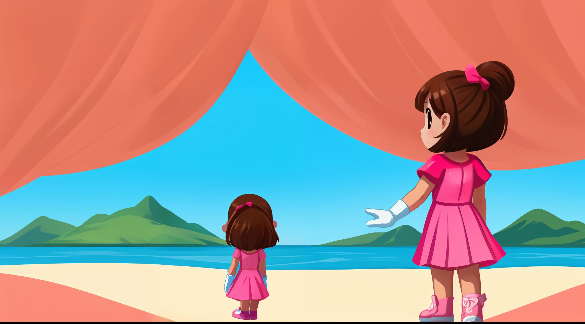 a 5  girl with her back looking at an island on the horizon, standing, with brown hair, arms apart, legs apart, pink dress, white gloves, pink shoes, 2D children's illustration style.
