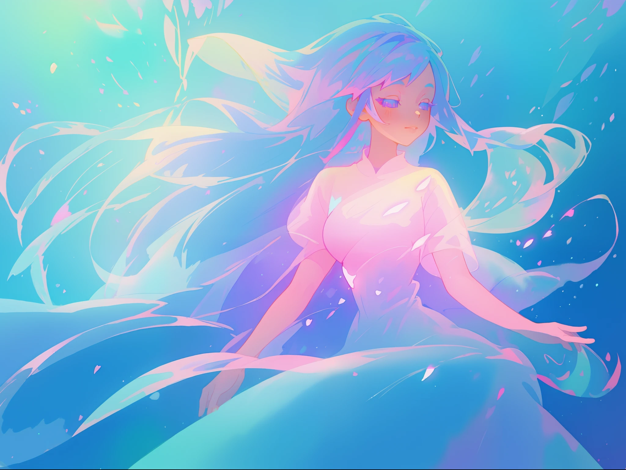 beautiful girl in colorful gradient flowing sparkling dress, long flowing blue purple pink white hair, colorful fantasia background, watercolor illustration, disney art style, glowing aura around her, glowing lights, beautiful digital illustration, fantasia otherworldly landscape plants flowers, beautiful, masterpiece, best quality, anime disney style