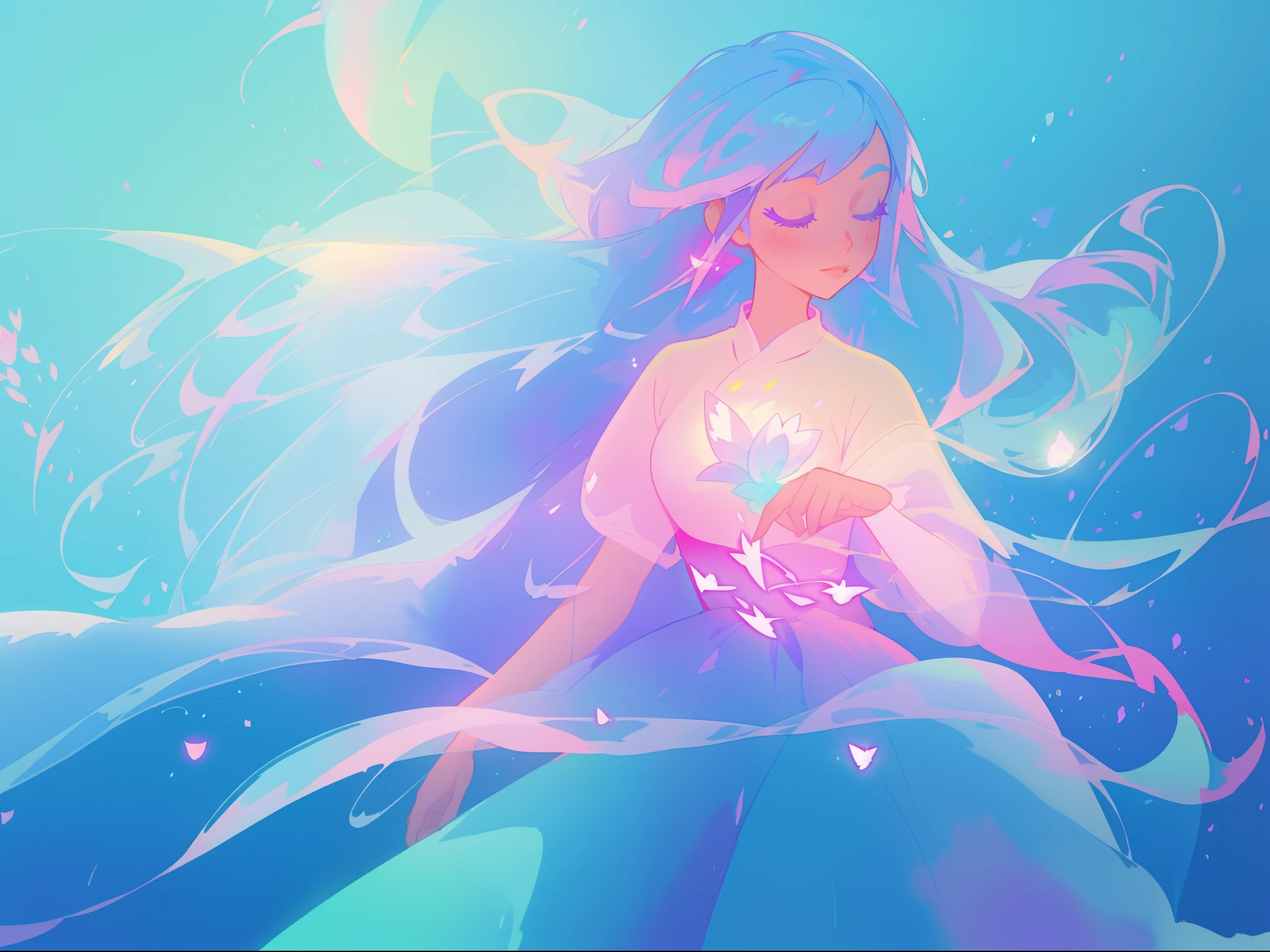 beautiful girl in colorful gradient flowing sparkling dress, long flowing blue purple pink white hair, colorful fantasia background, watercolor illustration, disney art style, glowing aura around her, glowing lights, beautiful digital illustration, fantasia otherworldly landscape plants flowers, beautiful, masterpiece, best quality, anime disney style