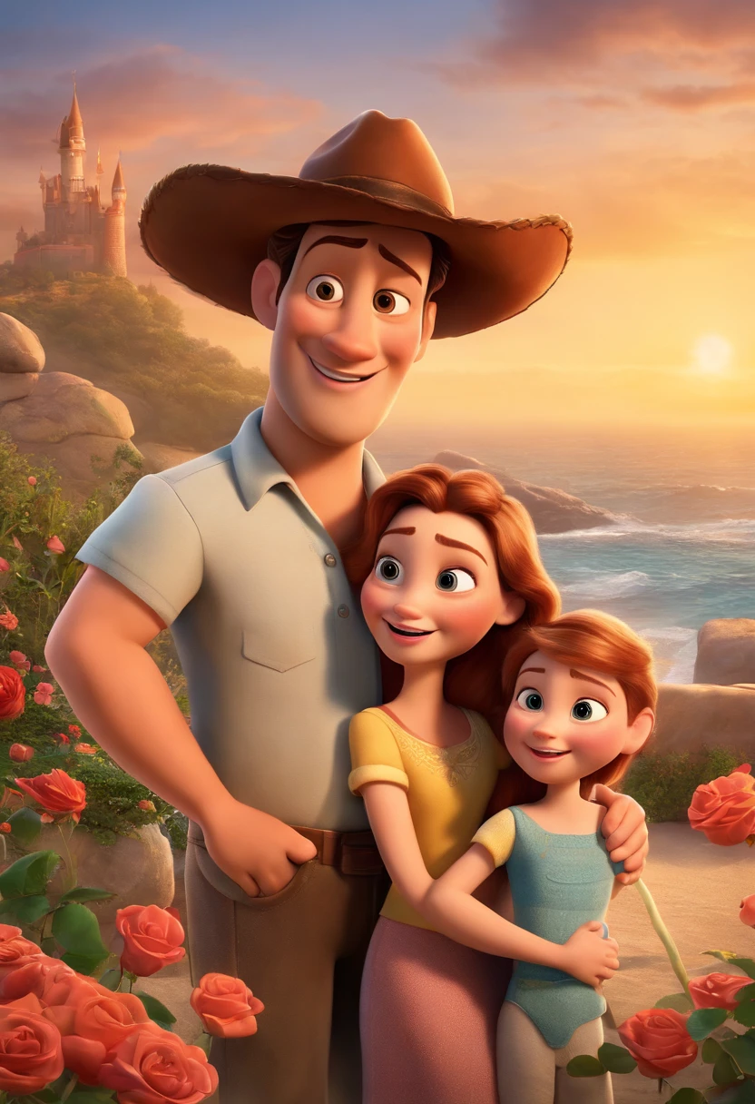 a Disney Pixar movie poster showing a white-skinned family. The father is the tallest, Tem barba curta, loiro, cabelos curtos e espinhosos. The mother has brown eyes and hair, shoulder-length and is slightly overweight. A menina tem 4 anos e cabelos castanhos, roupa rosa e rabos de cavalo. The background is a beach garden. 3D-rendering