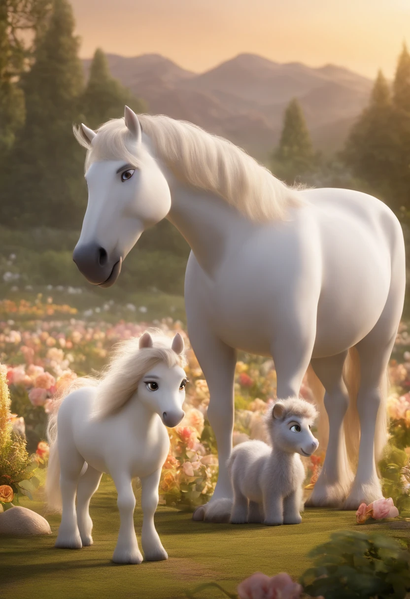 a Disney Pixar movie poster showing a white-skinned family. The father is the tallest, Tem barba curta, loiro, cabelos curtos e espinhosos. The mother has brown eyes and hair, shoulder-length and is slightly overweight. A menina tem 4 anos e cabelos castanhos, roupa rosa e rabos de cavalo. The background is a beach garden. 3D-rendering