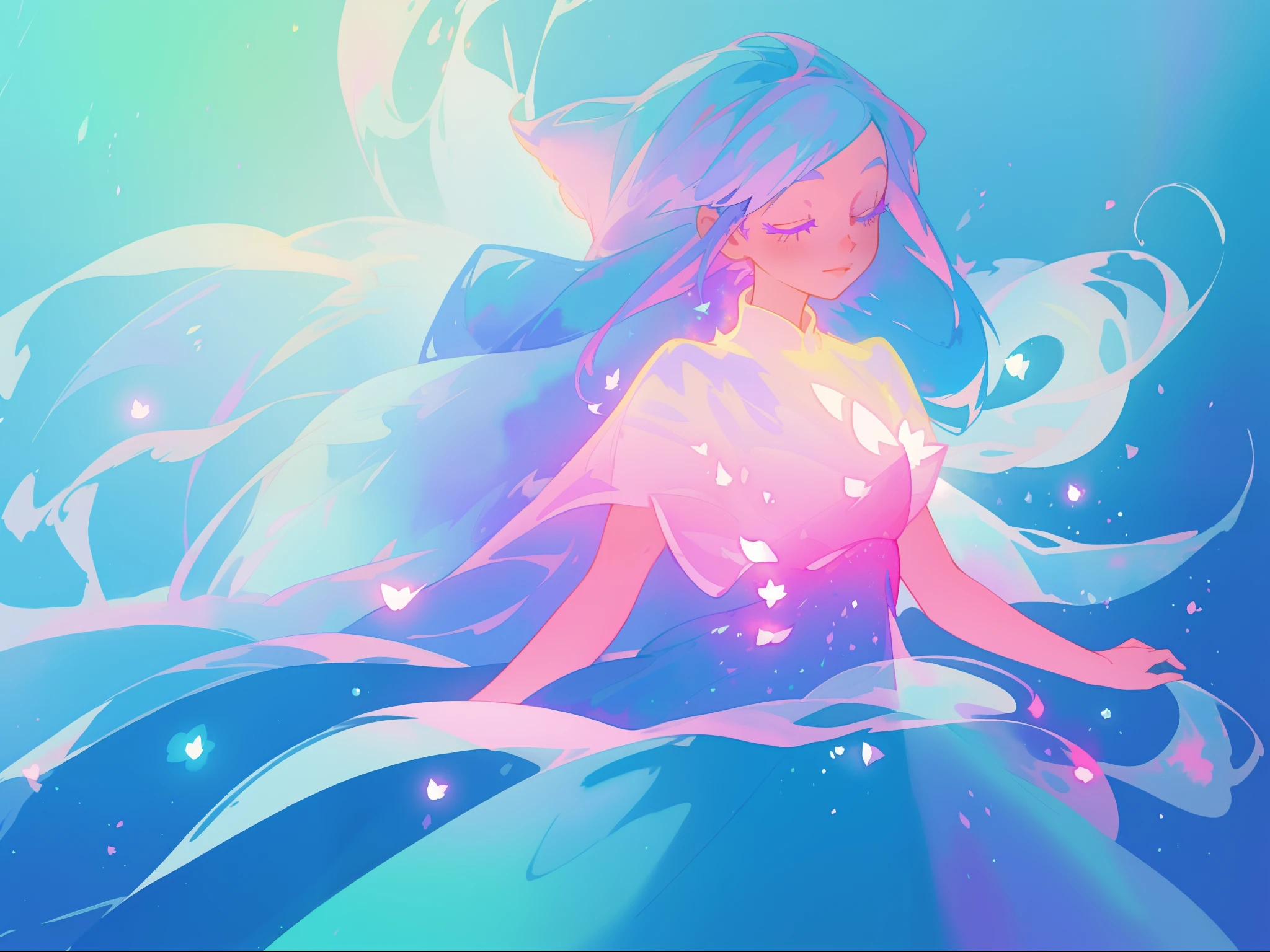 beautiful girl in colorful gradient flowing sparkling dress, long flowing blue purple pink white hair, colorful fantasia background, watercolor illustration, disney art style, glowing aura around her, glowing lights, beautiful digital illustration, fantasia otherworldly landscape plants flowers, beautiful, masterpiece, best quality, anime disney style
