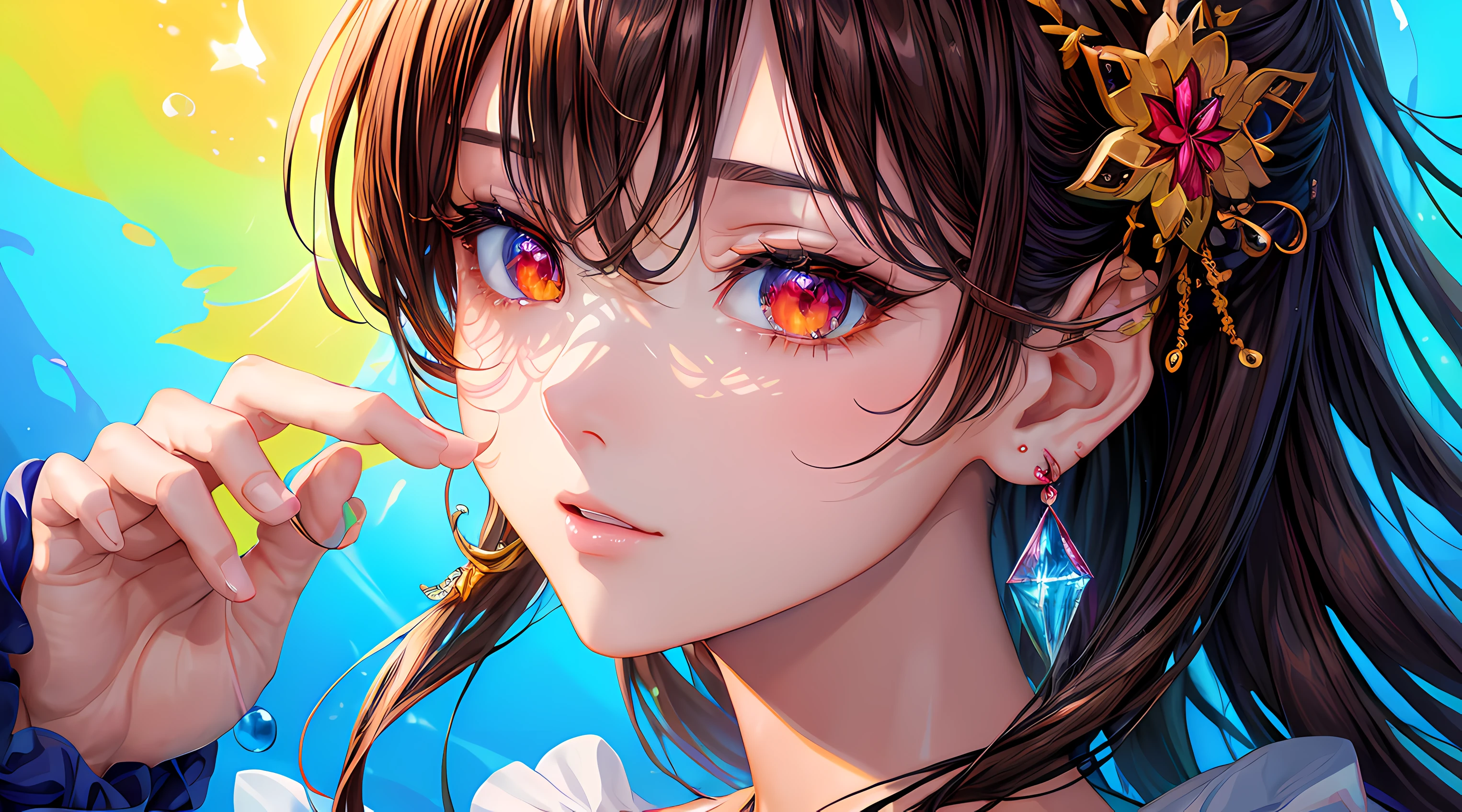 ((top-quality)), ((masterpiece)), ((realisitic)), (detaileds),animesque、anime styled、 (1人の女性)Earrings only accessories、Close up portrait of woman with dark brown hair、Very beautiful glowing eyes, Like crystal clear glass、Tank Tops、Summer clothes、4K high-definition digital art、stunning digital illustration、Stunning 8K artwork、colorfull digital fantasy art、Colorful and bright、beautiful digital works of art、Colorful Digital Anime Art、Portrait of beautiful woman、8K HD Digital Wallpaper Art、 Gorgeous Digital Painting