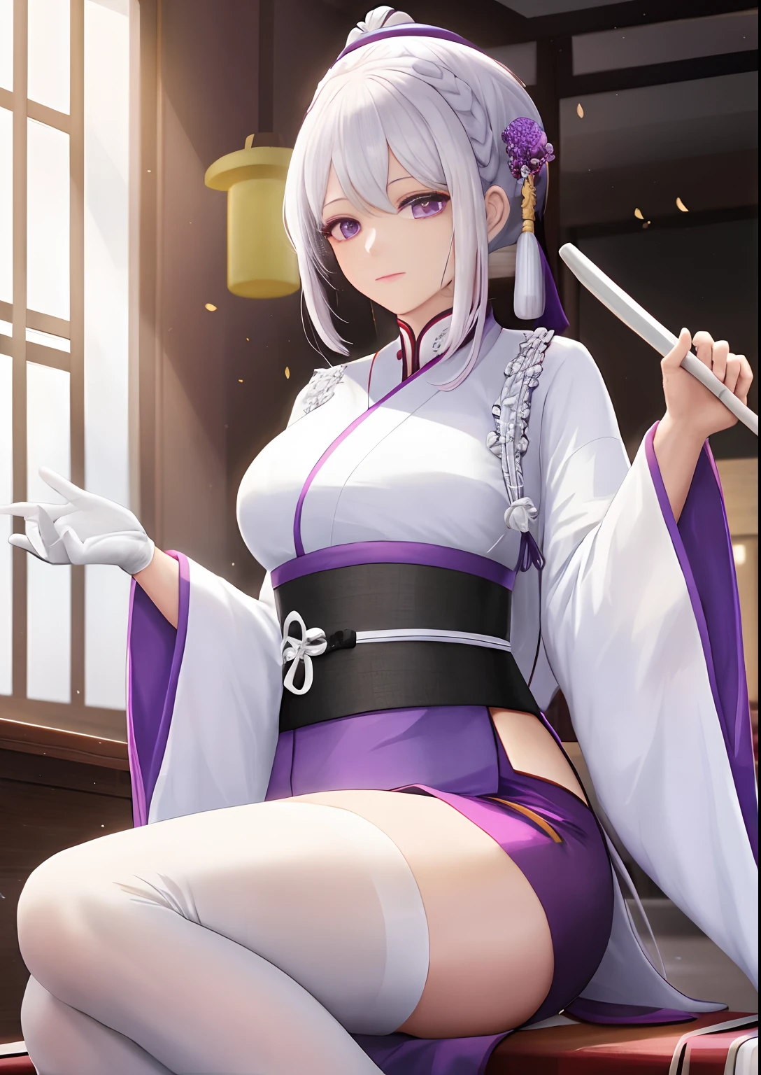 A woman，White hair，Wear purple Hanfu，Wear long white gloves，