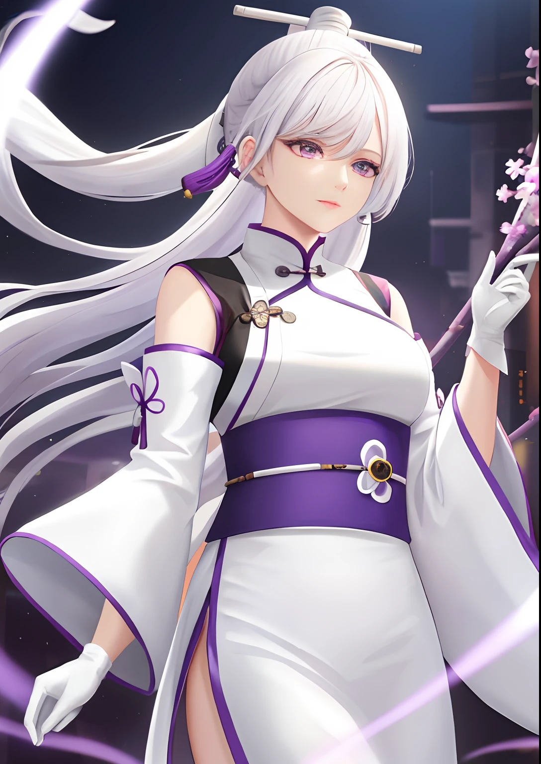 A woman,White hair,Wear purple Hanfu,Wear long white gloves,
