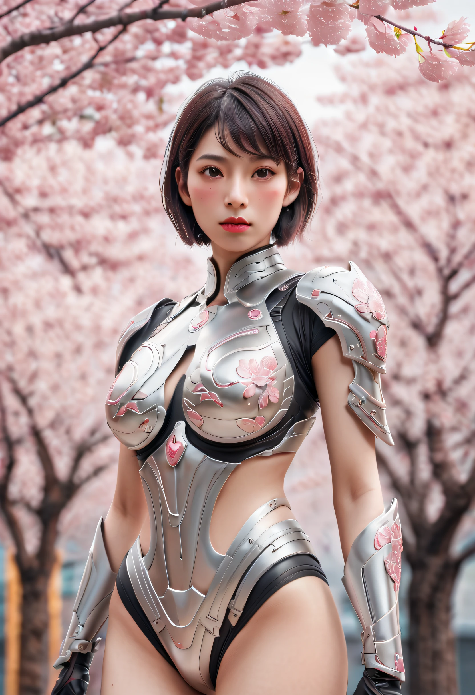 beautiful japanese young woman, wearing cyborg armor, thick symmetrical features, very short hair, background is cherry blossoms, pink aura, red lips, octane render,