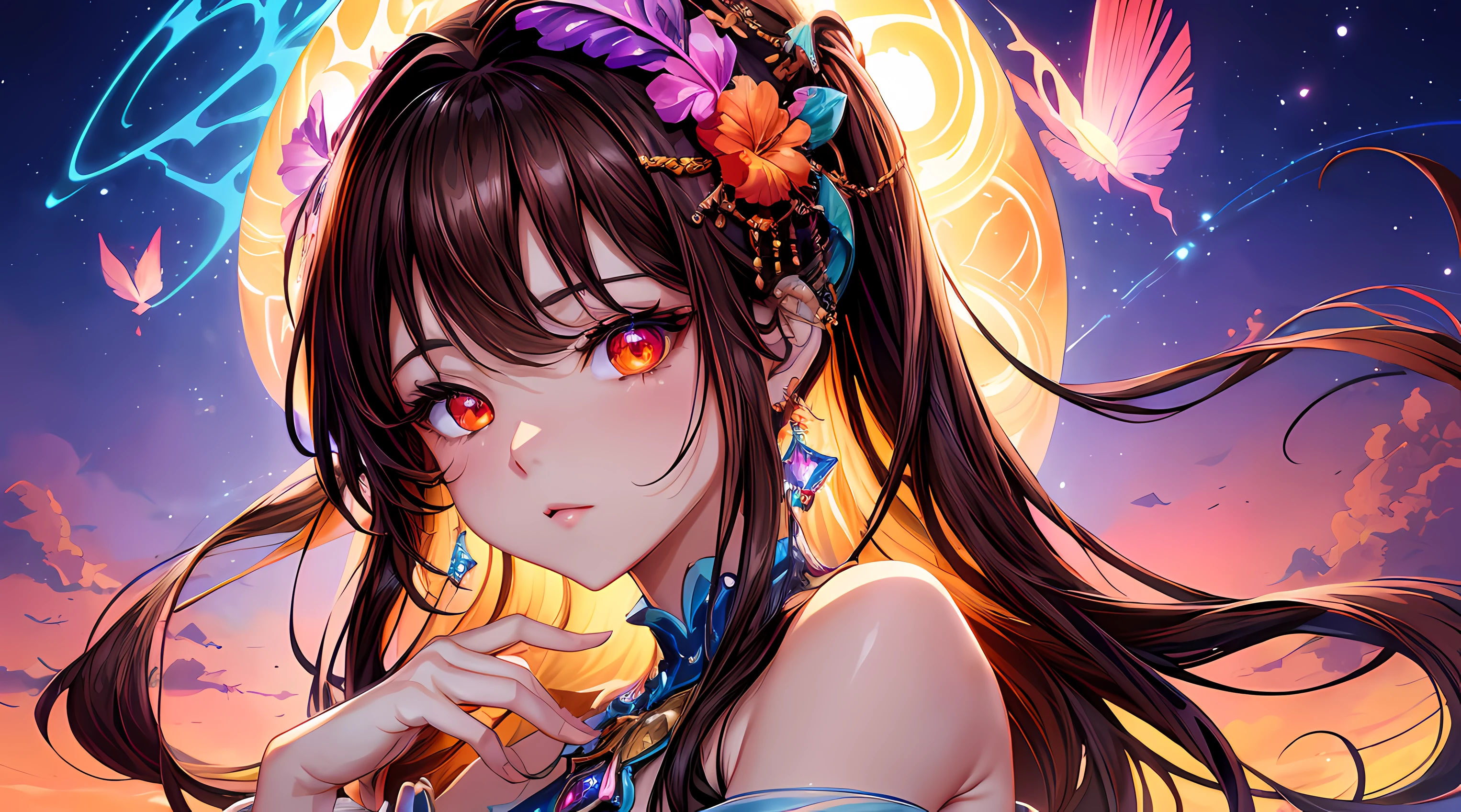 ((top-quality)), ((masterpiece)), ((realisitic)), (detaileds),animesque、anime styled、 (1人の女性)Earrings only accessories、Close up portrait of woman with dark brown hair、Very beautiful glowing eyes, Like crystal clear glass、Tank Tops、Summer clothes、4K high-definition digital art、stunning digital illustration、Stunning 8K artwork、colorfull digital fantasy art、Colorful and bright、beautiful digital works of art、Colorful Digital Anime Art、Portrait of beautiful woman、8K HD Digital Wallpaper Art、 Gorgeous Digital Painting