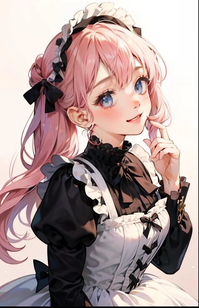 girl with、Background white、without background、Pink hair、Twin-tailed、Two knots、with blush cheeks、White and black Lolita fashion、frilld、bow ribbon、Smiling、kawaii、without background