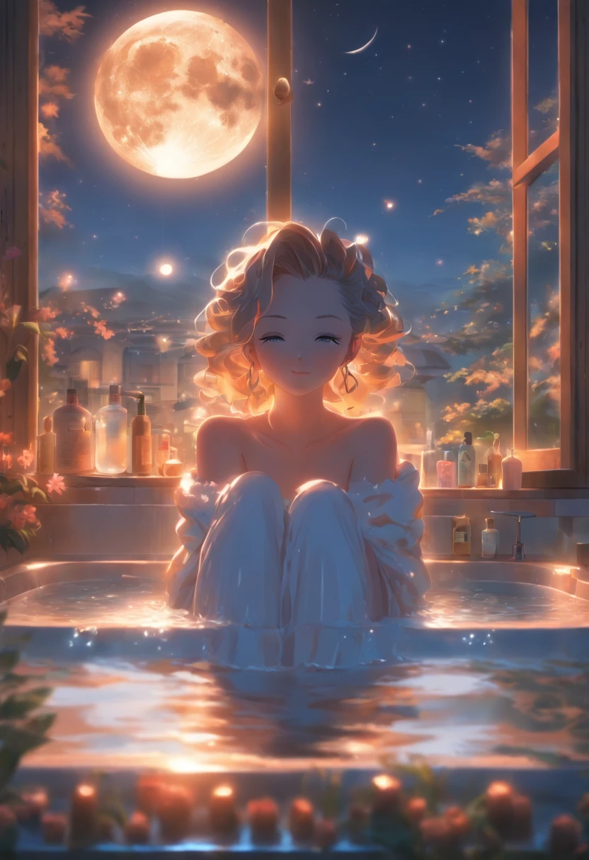 natta,A beautiful woman sits in the bathtub,Moon outside the window,Ultra relaxing,heal