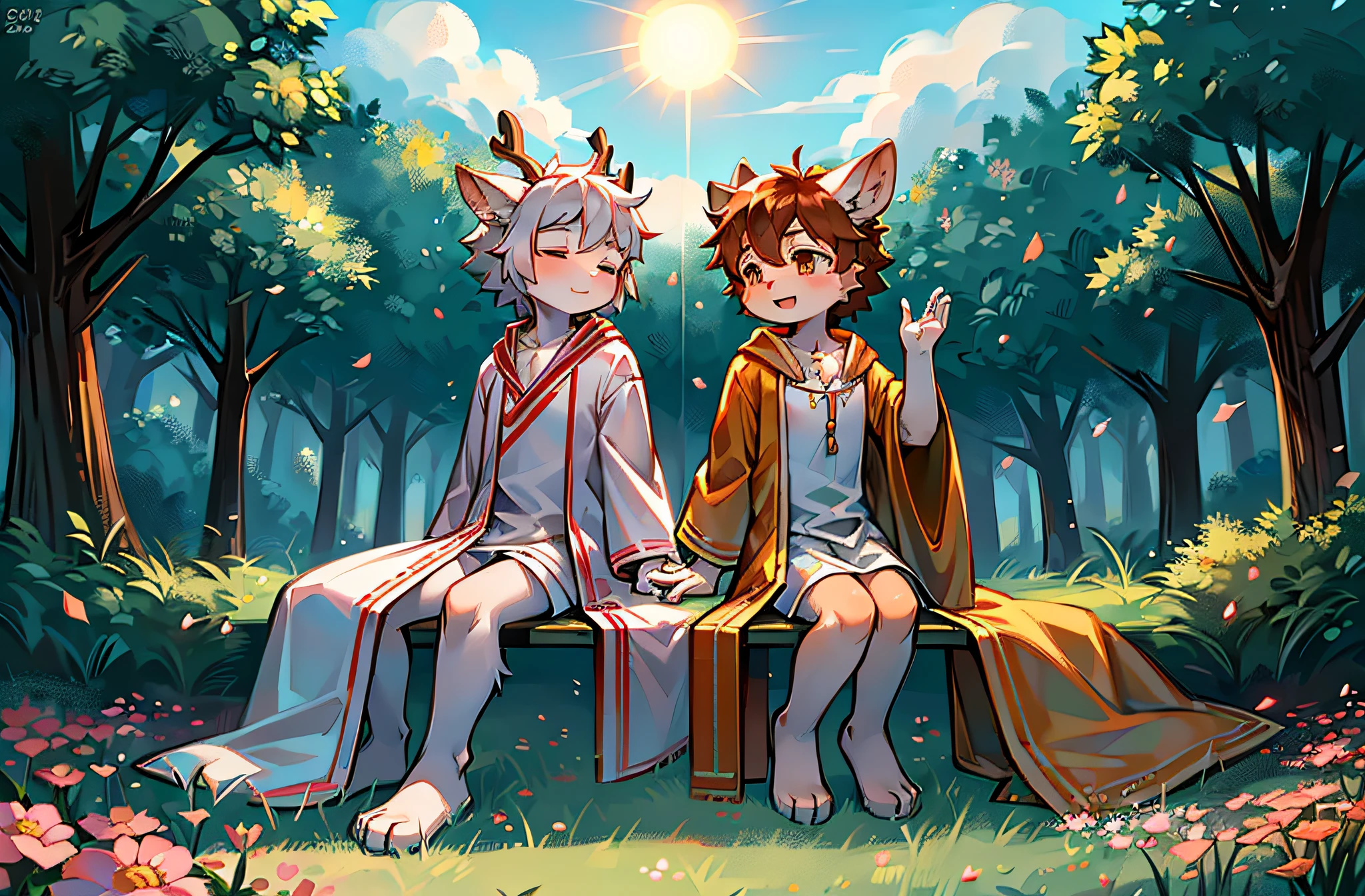 A white deer in a white robe，A gray wolf in an orange robe，Sit under a peach blossom tree，falling flower petals，bright sun，clear blue skies，In the garden，Double，Shota，adolable，Ambiguous gender，grassy fields，Leaning together，serene，Gamine，Close your eyes，having fun